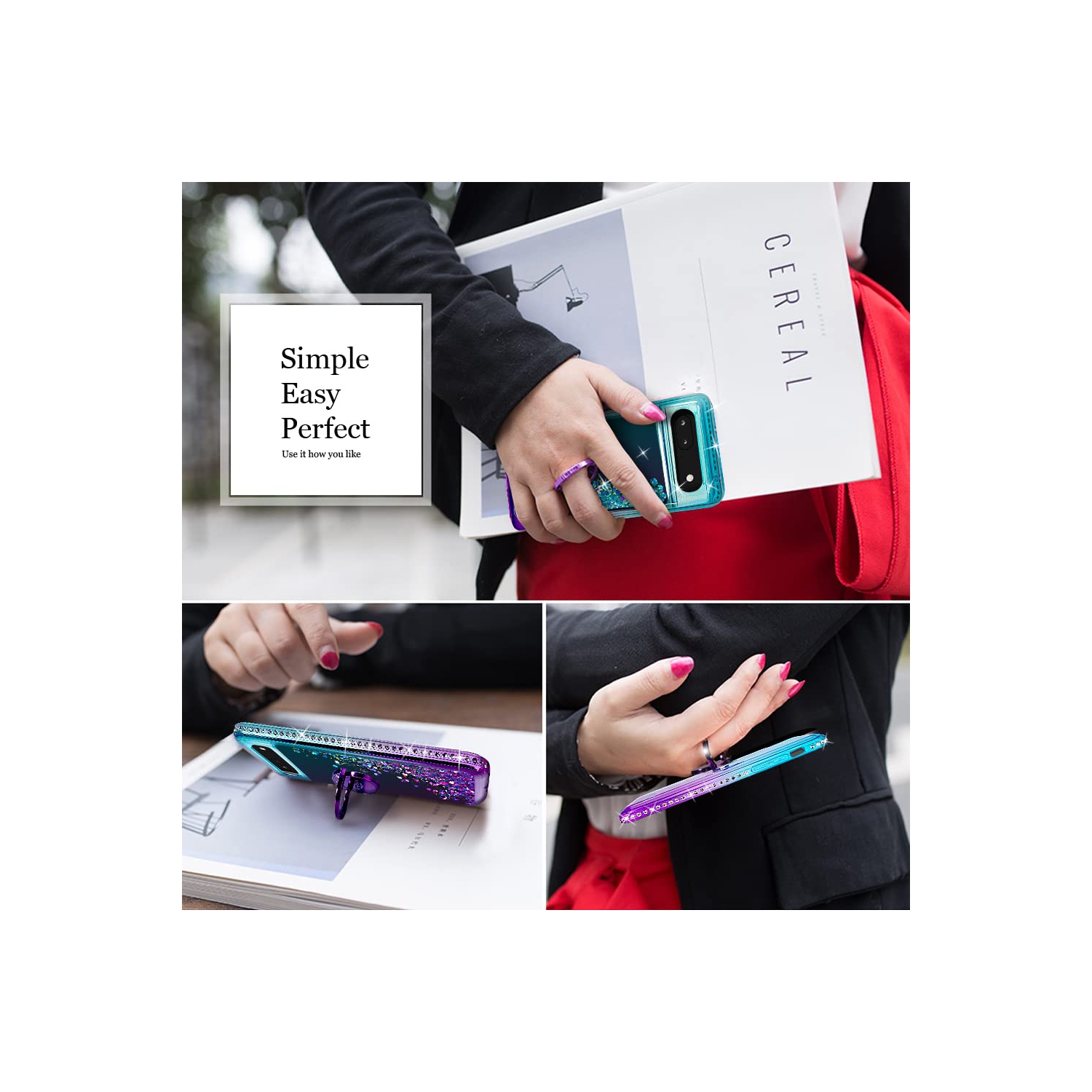 Google Pixel 6A Case with Ring Kickstand Lanyard, Moving Liquid Glitter Sparkle Holographic, Girls Women Bling Diamond Ring Protective Cover for