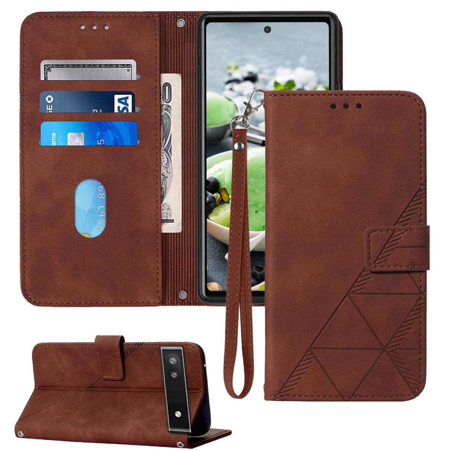 Wallet Case for Pixel 6a, Kickstand Wrist Strap Card Holder Slots TPU Interior Protective for Pixel 6a Case,PU Leather Folio Flip Cover for Google