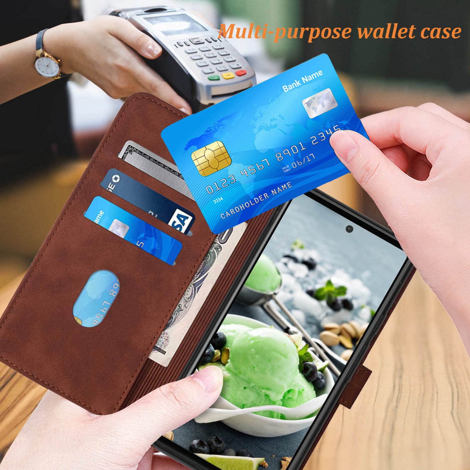 Wallet Case for Pixel 6a, Kickstand Wrist Strap Card Holder Slots TPU Interior Protective for Pixel 6a Case,PU Leather Folio Flip Cover for Google