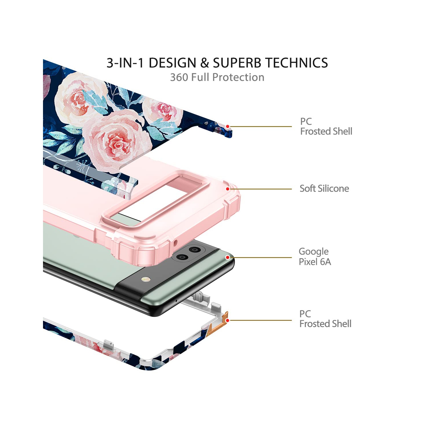 for Google Pixel 6A Case, Heavy Duty Shockproof Protection Hard Plastic+Silicone Rubber Hybrid 3 in 1 Drop Protective Case for Google Pixel 6A Navy