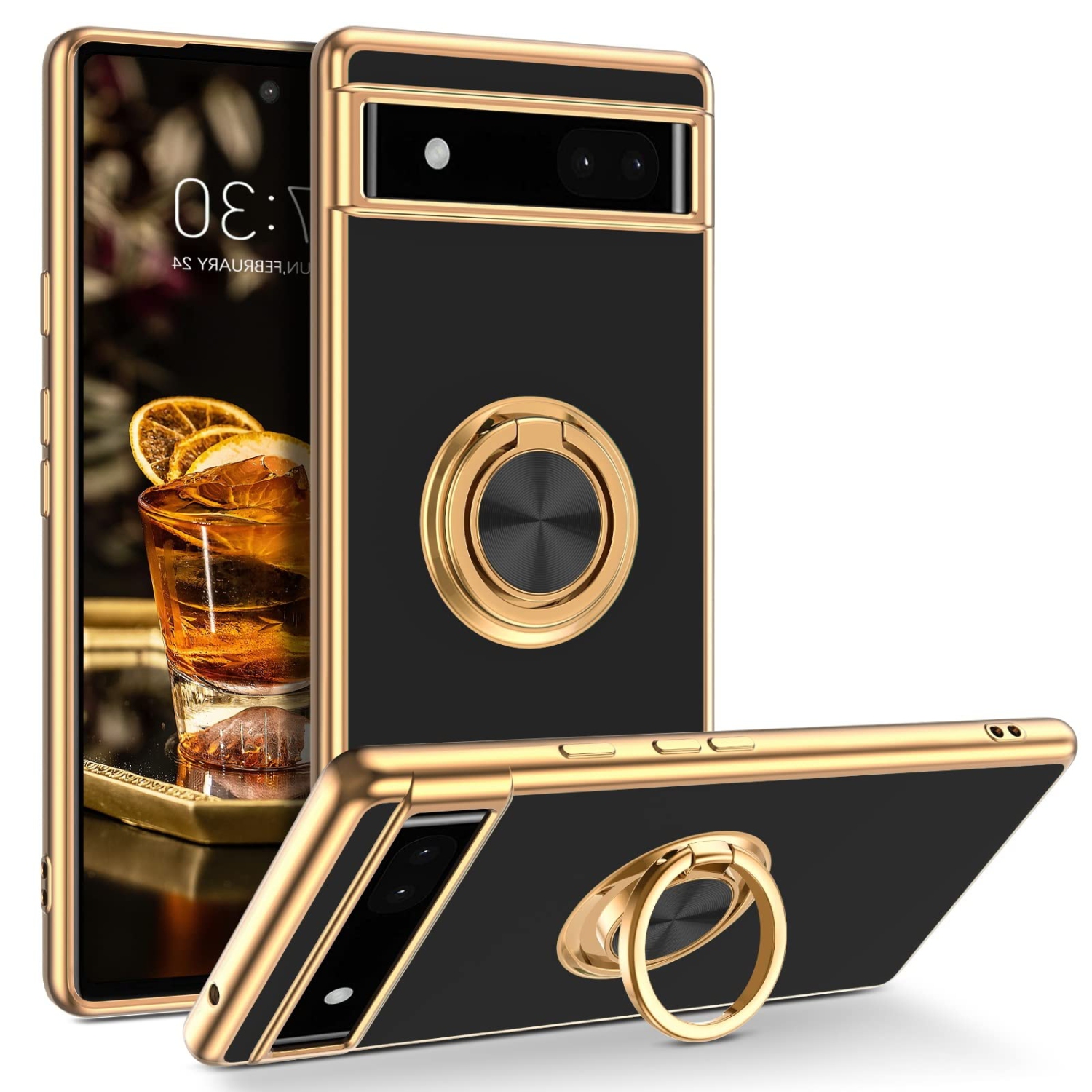 Google Pixel 6a Case,Slim Soft Silicone Cover with 360 Degree Rotation Magnetic Car Finger Ring Holder Kickstand Shockproof Protective Women Men