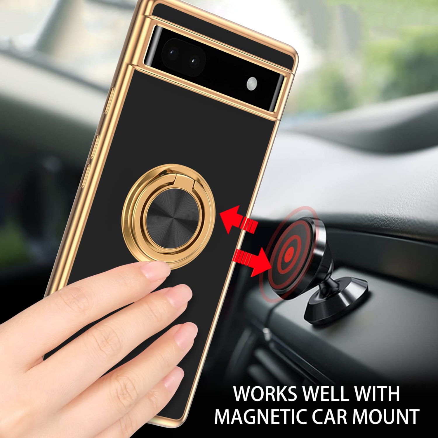 Google Pixel 6a Case,Slim Soft Silicone Cover with 360 Degree Rotation Magnetic Car Finger Ring Holder Kickstand Shockproof Protective Women Men