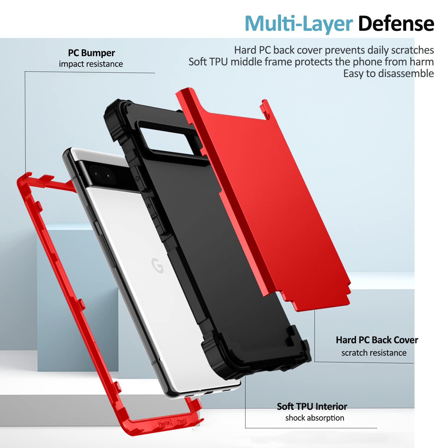 Compatible with Google Pixel 6A Case, Soft Silicone Rubber & PC Back Cover + Hard Bumper Three Layer Heavy Duty Shockproof Protective Case for Google