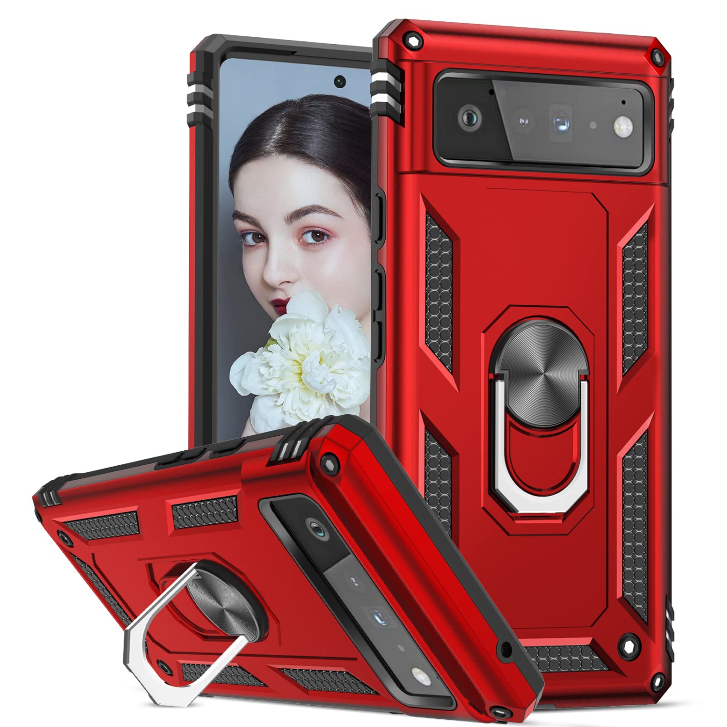 Compatible avec l’étui pour Pixel 6 de Google, l’étui protecteur antichoc de qualité militaire Defender avec béquille magnétique en anneau pour Pixel