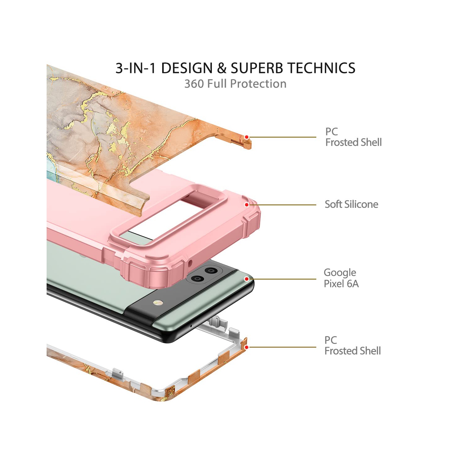 Google Pixel 6A Case, Heavy Duty Shockproof Protection Hard Plastic+Silicone Rubber Hybrid 3 in 1 Drop Protective Case for Google Pixel 6A Orange