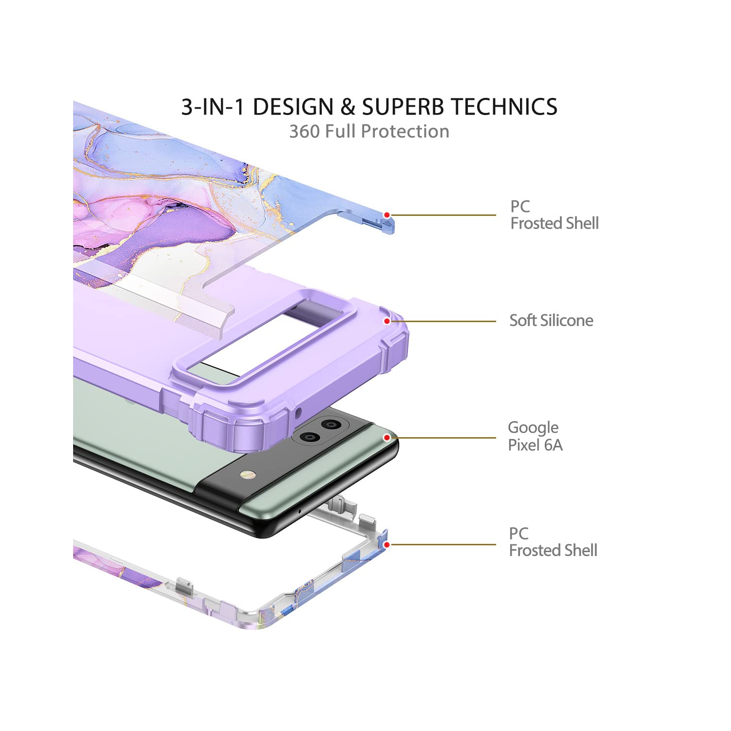 Google Pixel 6A Case, Heavy Duty Shockproof Protection Hard Plastic+Silicone Rubber Hybrid 3 in 1 Drop Protective Case for Google Pixel 6A Purple