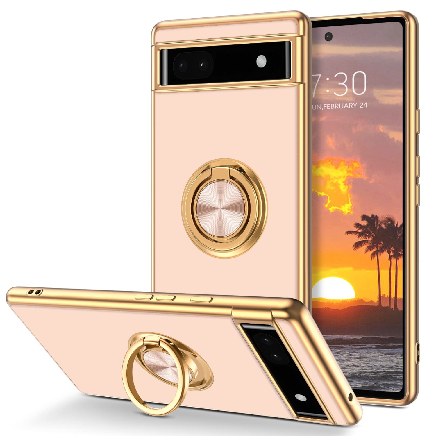 Google Pixel 6A Case, Pixel 6A Case 2022 with Ring Holder Edge Plating Rotation Kickstand Soft Silicone TPU for Women Girls Slim Flexible Anti Slip
