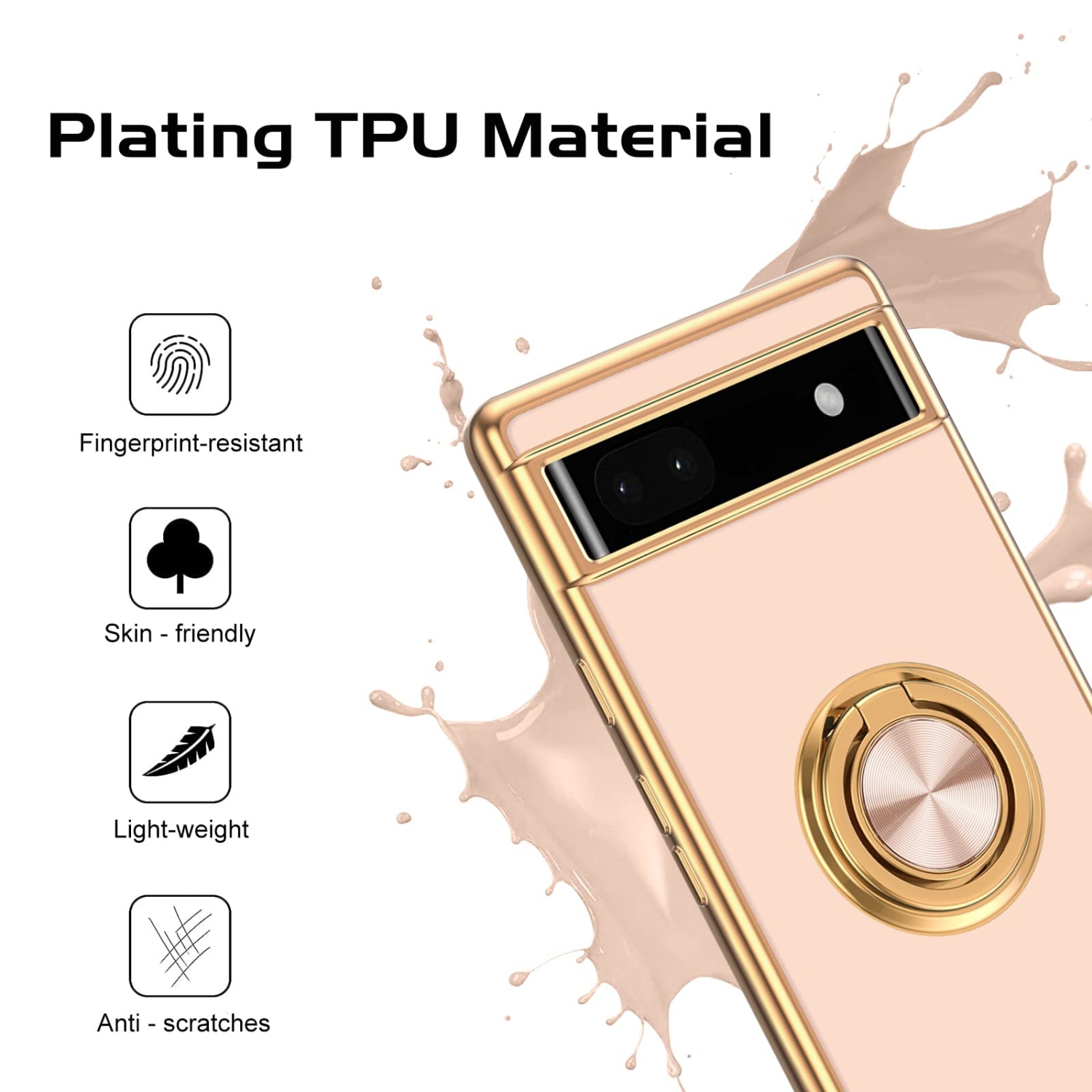 Google Pixel 6A Case, Pixel 6A Case 2022 with Ring Holder Edge Plating Rotation Kickstand Soft Silicone TPU for Women Girls Slim Flexible Anti Slip