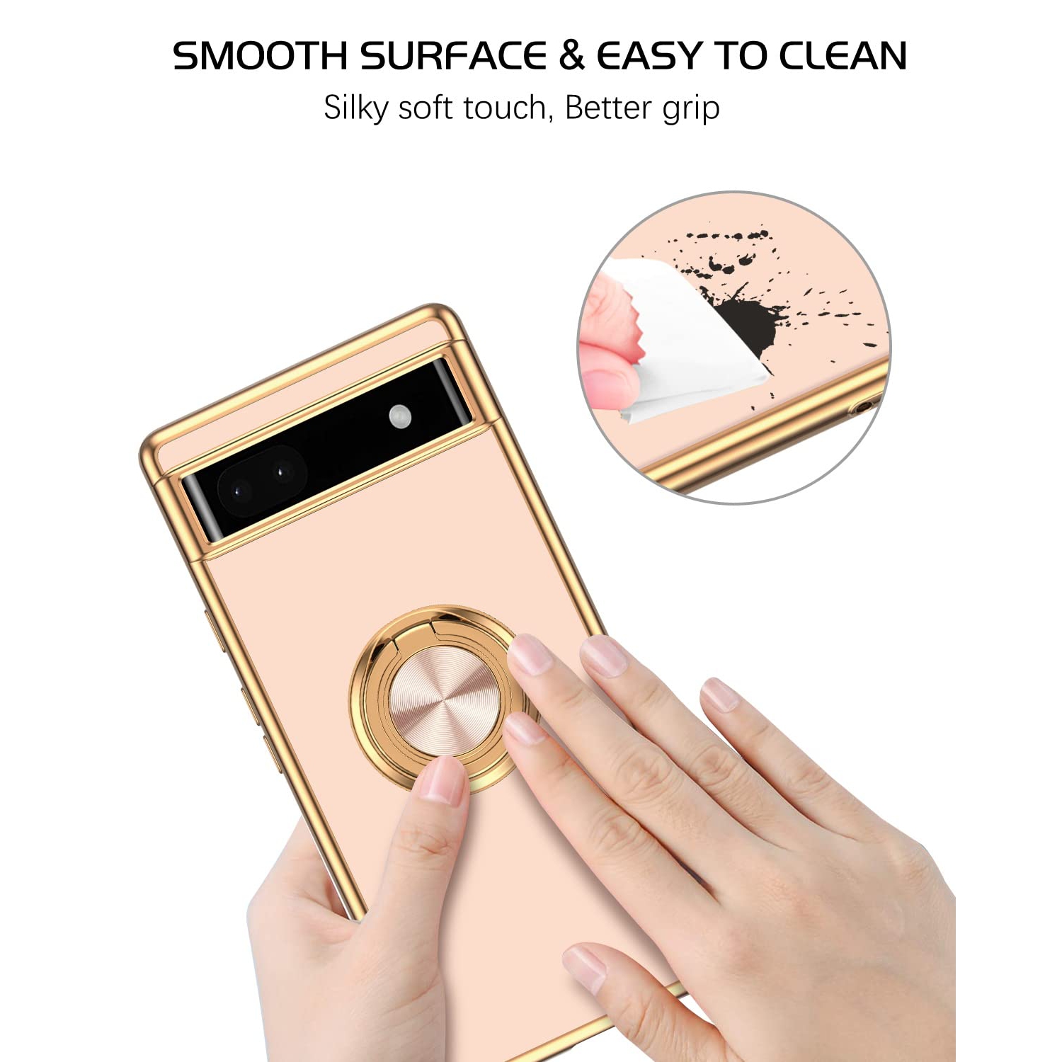 Google Pixel 6A Case, Pixel 6A Case 2022 with Ring Holder Edge Plating Rotation Kickstand Soft Silicone TPU for Women Girls Slim Flexible Anti Slip