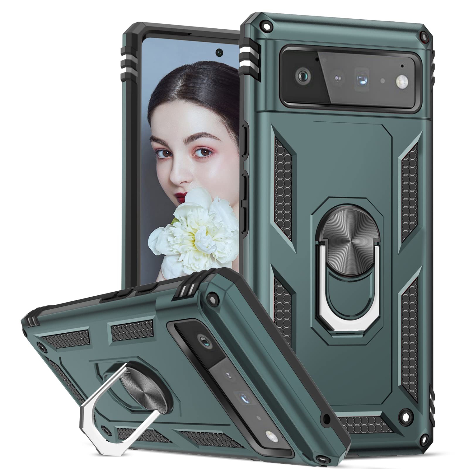 Compatible avec l’étui pour Pixel 6 de Google, l’étui protecteur antichoc de qualité militaire Defender avec béquille magnétique en anneau pour Pixel