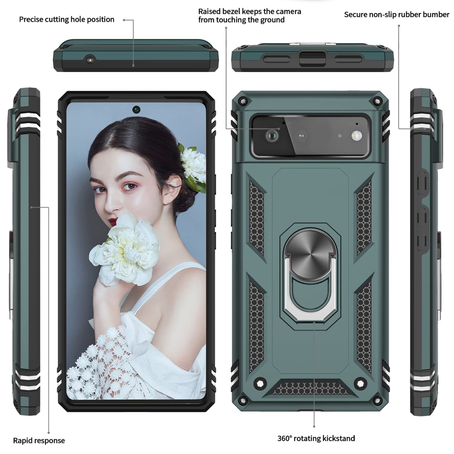 Compatible avec l’étui pour Pixel 6 de Google, l’étui protecteur antichoc de qualité militaire Defender avec béquille magnétique en anneau pour Pixel