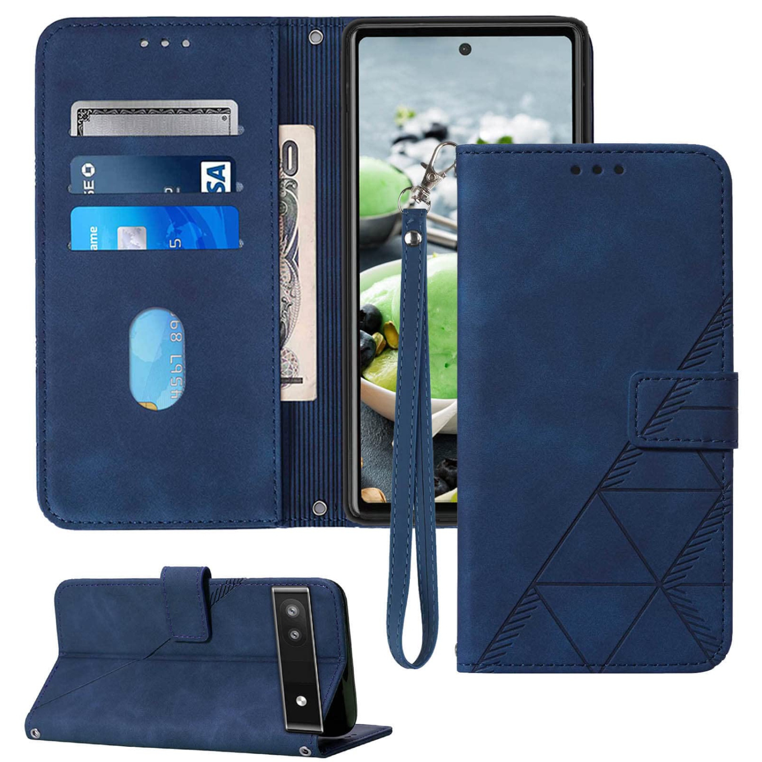 Wallet Case for Pixel 6a, Kickstand Wrist Strap Card Holder Slots TPU Interior Protective for Pixel 6a Case,PU Leather Folio Flip Cover for Google
