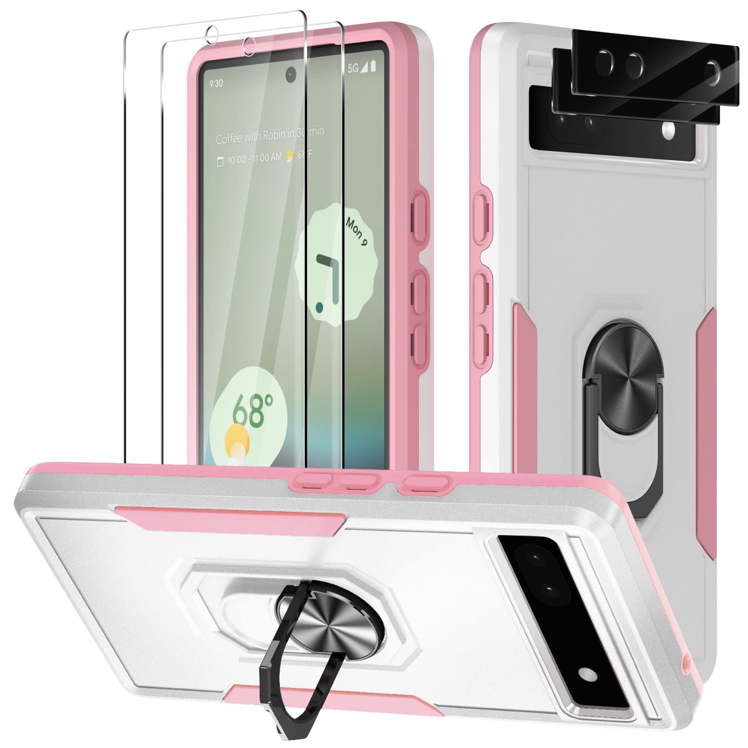 5 in 1 for Google Pixel 6A 5G Phone Case, Ring Kickstand Case with Screen Protector and Camera Lens Protector for Google Pixel 6A 5G, Drop Protection