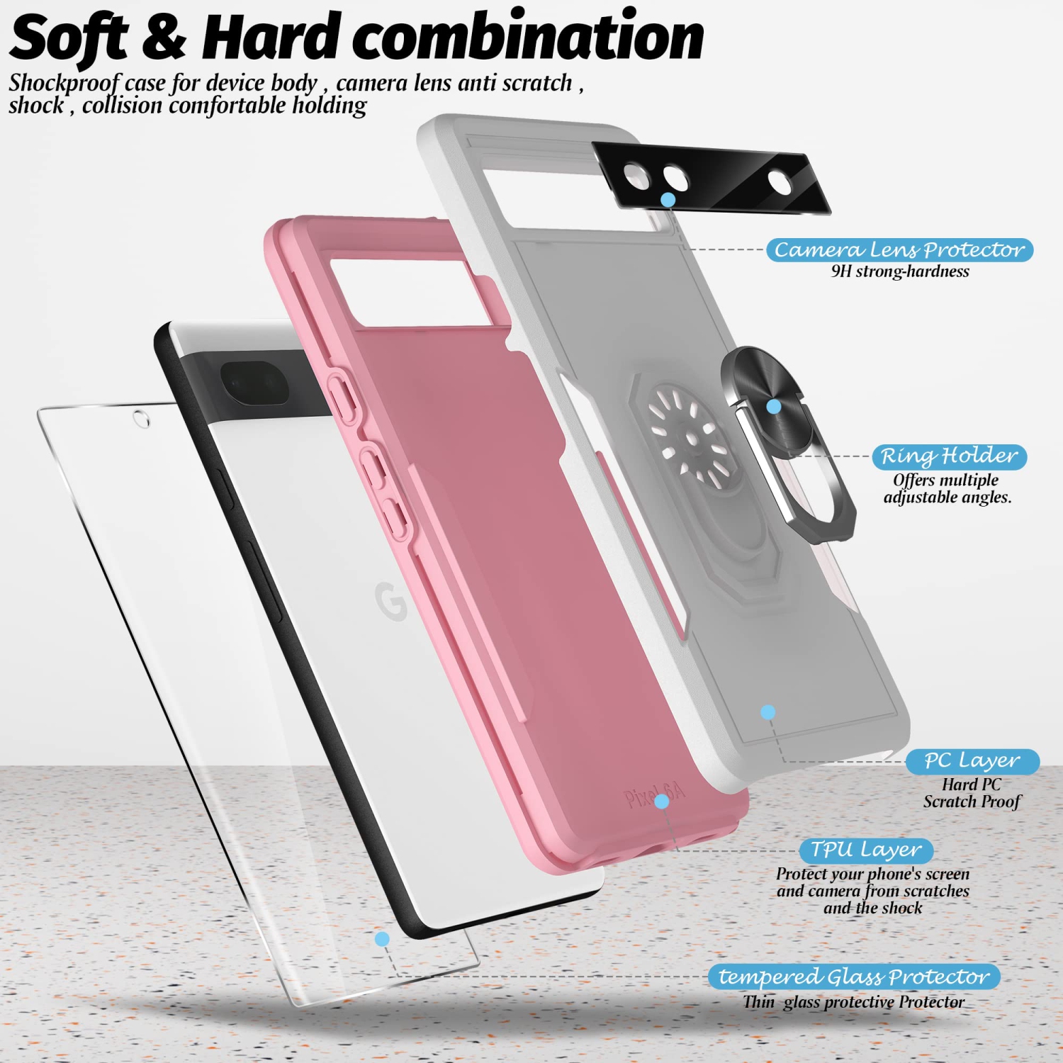5 in 1 for Google Pixel 6A 5G Phone Case, Ring Kickstand Case with Screen Protector and Camera Lens Protector for Google Pixel 6A 5G, Drop Protection