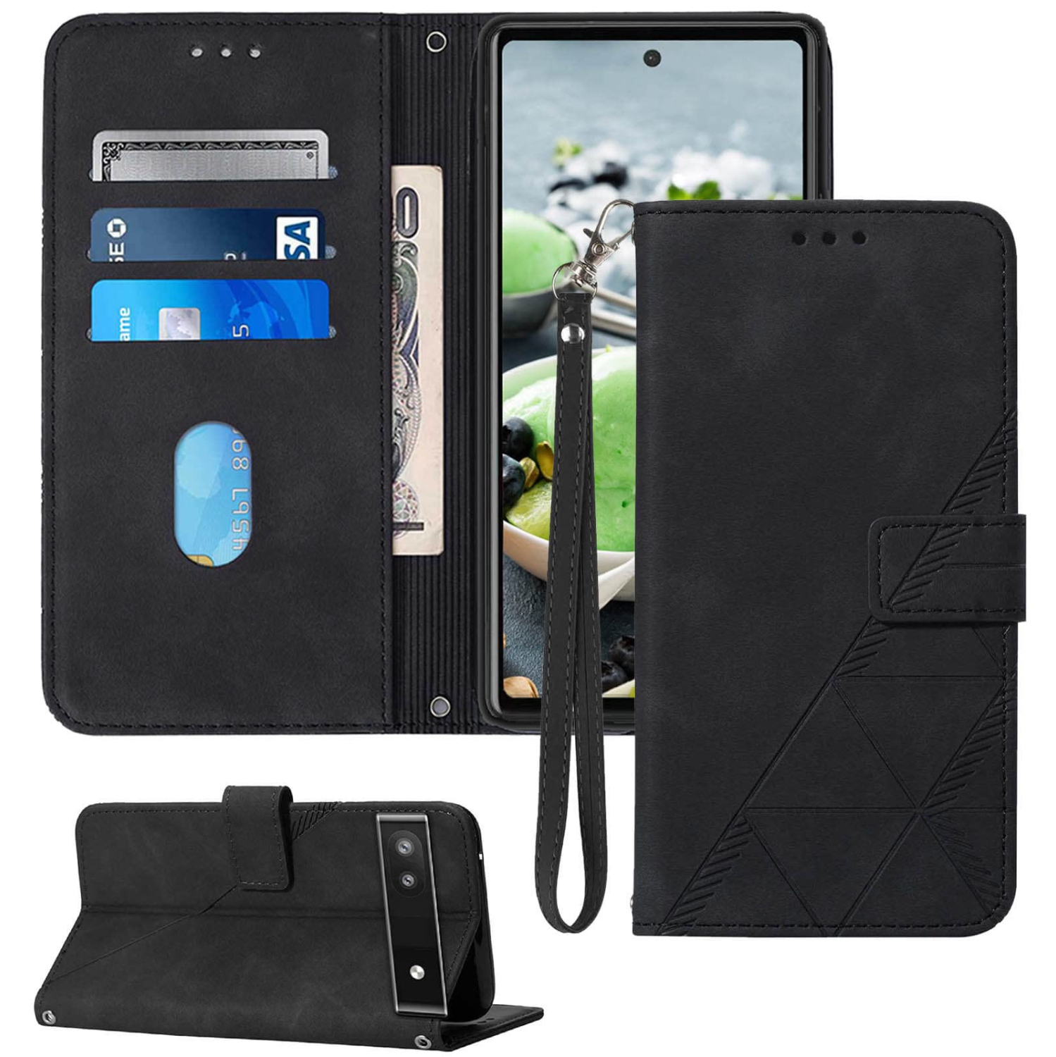 Étui portefeuille pour Pixel 6a, béquille en dragonne fentes pour carte et protecteur intérieur en TPUR pour Pixel 6a, étui folio à rabat en cuir de