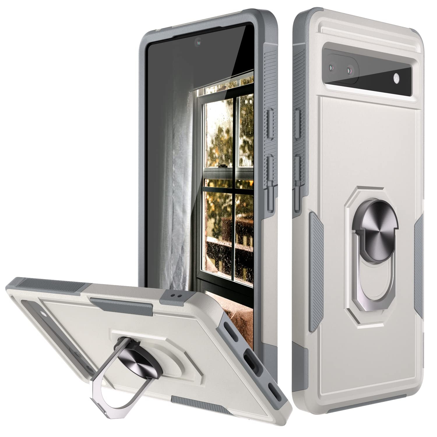 Compatible avec l’étui Pixel 6a, avec béquille rotative en métal à 360°, étui protecteur double couche de 6.1 po (blanc)