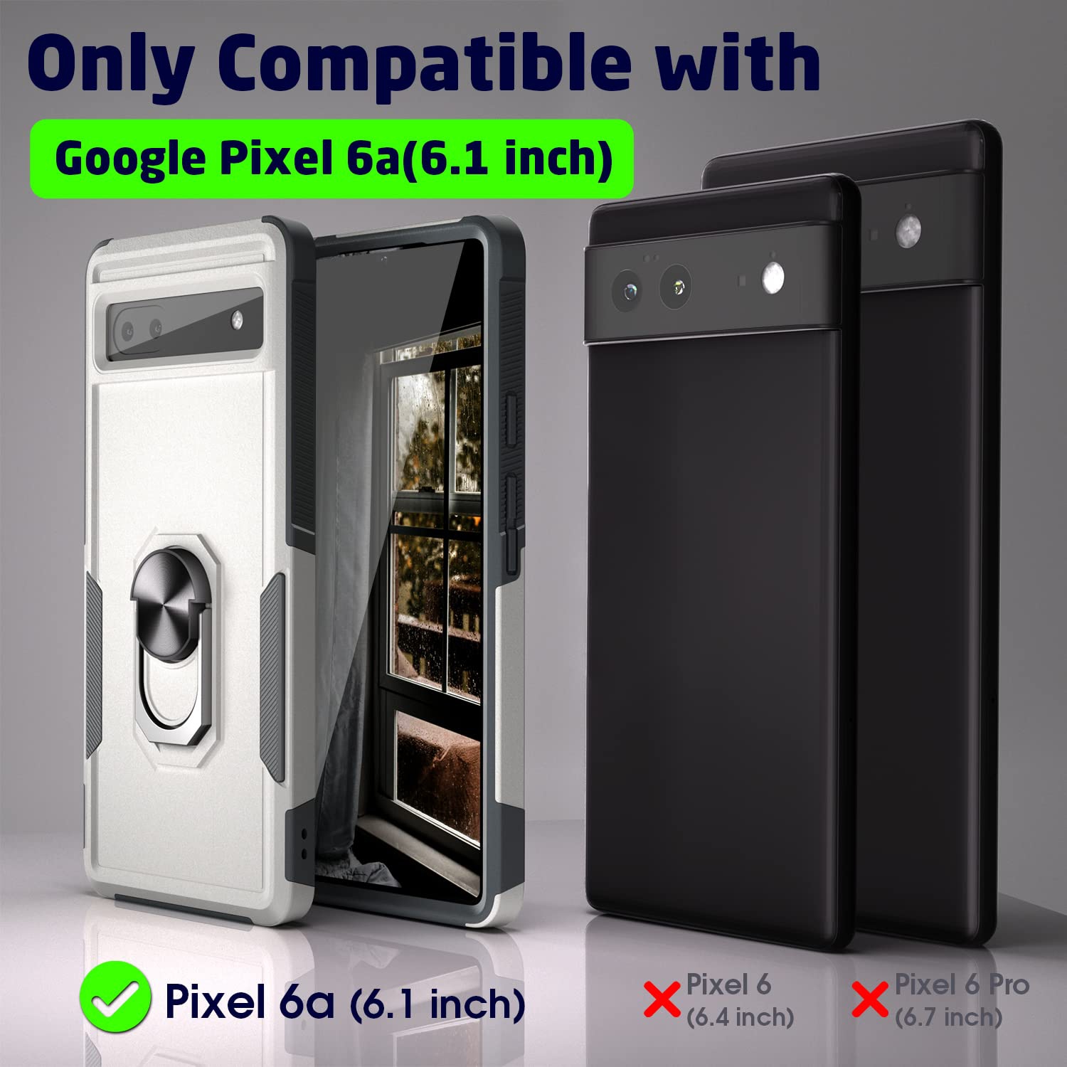 Compatible avec l’étui Pixel 6a, avec béquille rotative en métal à 360°, étui protecteur double couche de 6.1 po (blanc)