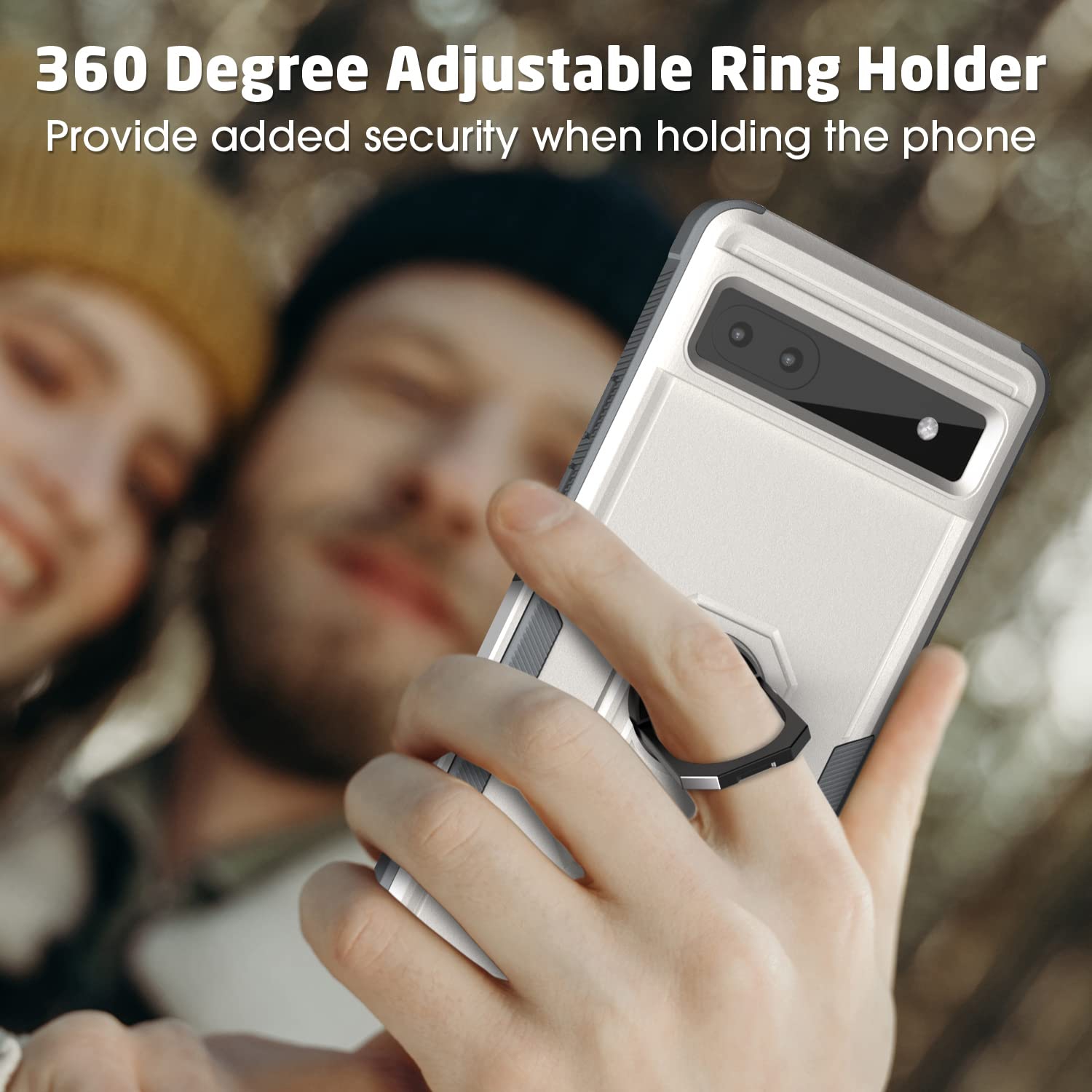 Compatible avec l’étui Pixel 6a, avec béquille rotative en métal à 360°, étui protecteur double couche de 6.1 po (blanc)