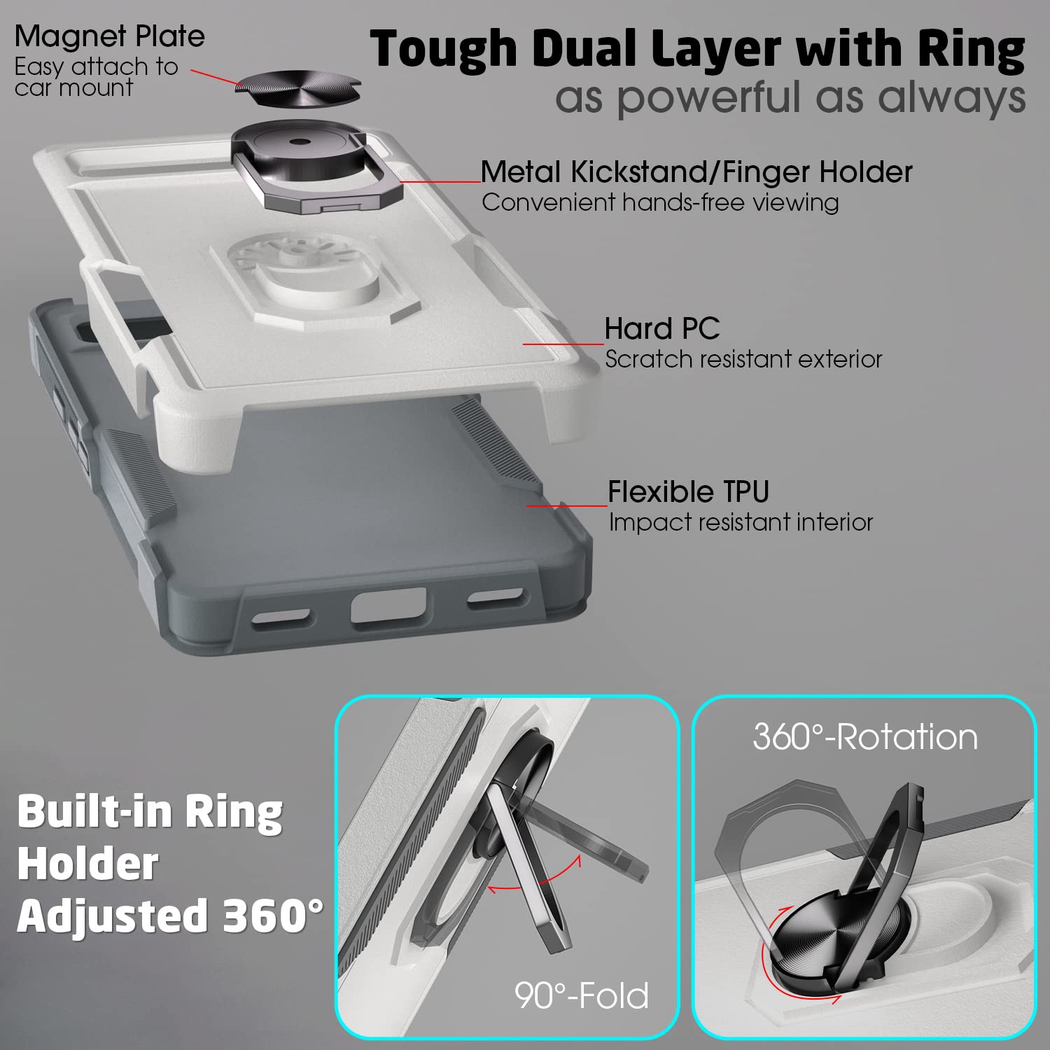 Compatible avec l’étui Pixel 6a, avec béquille rotative en métal à 360°, étui protecteur double couche de 6.1 po (blanc)