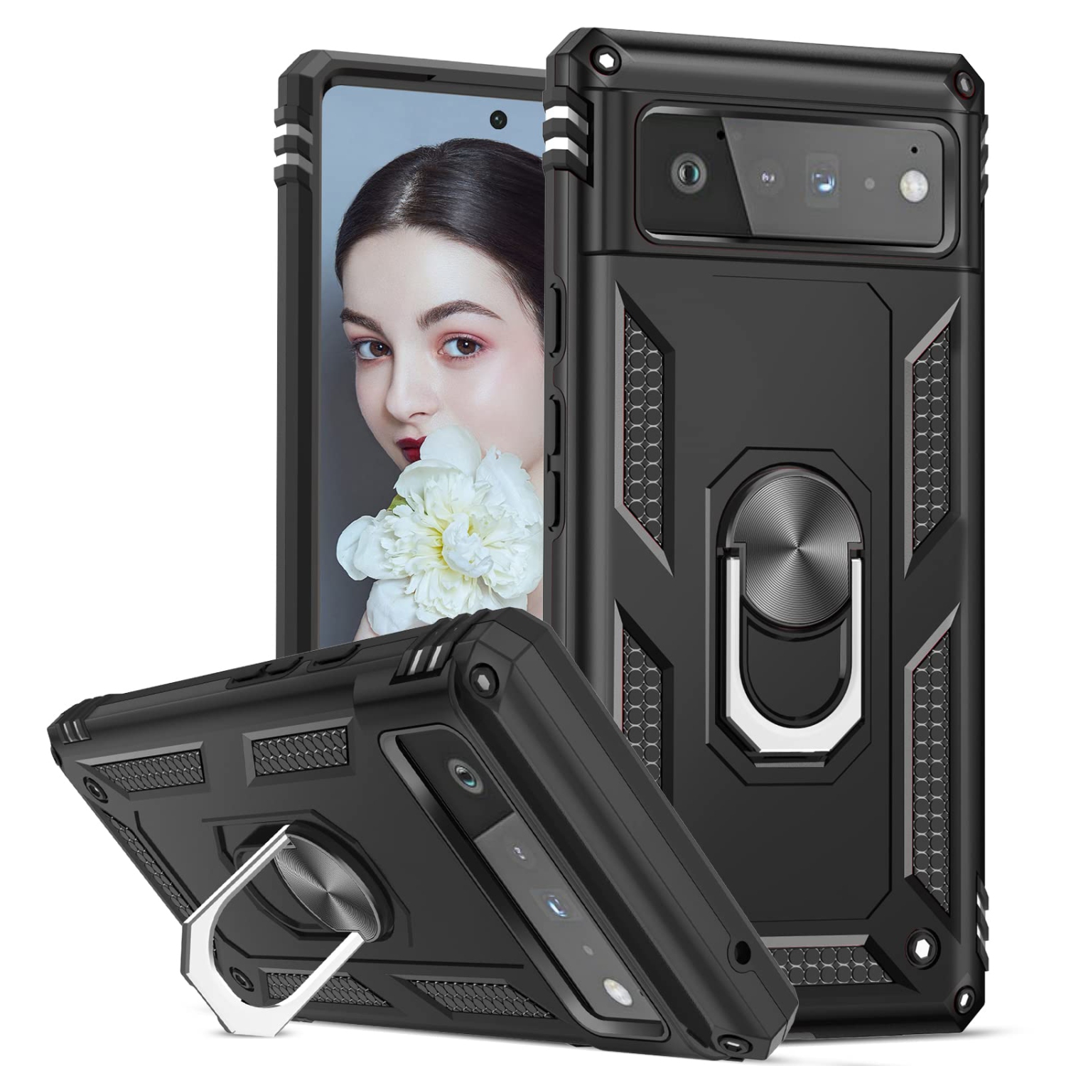 Compatible with Google Pixel 6 Case, Military-Grade Defender Shockproof Protective Phone Case with Ring Magnetic Kickstand for Google Pixel 6, Black