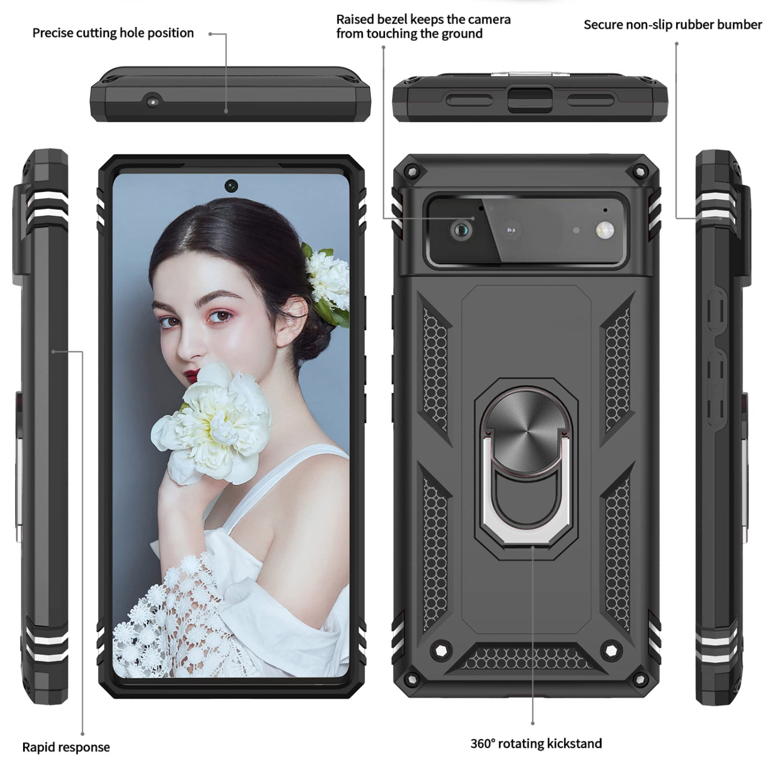 Compatible with Google Pixel 6 Case, Military-Grade Defender Shockproof Protective Phone Case with Ring Magnetic Kickstand for Google Pixel 6, Black