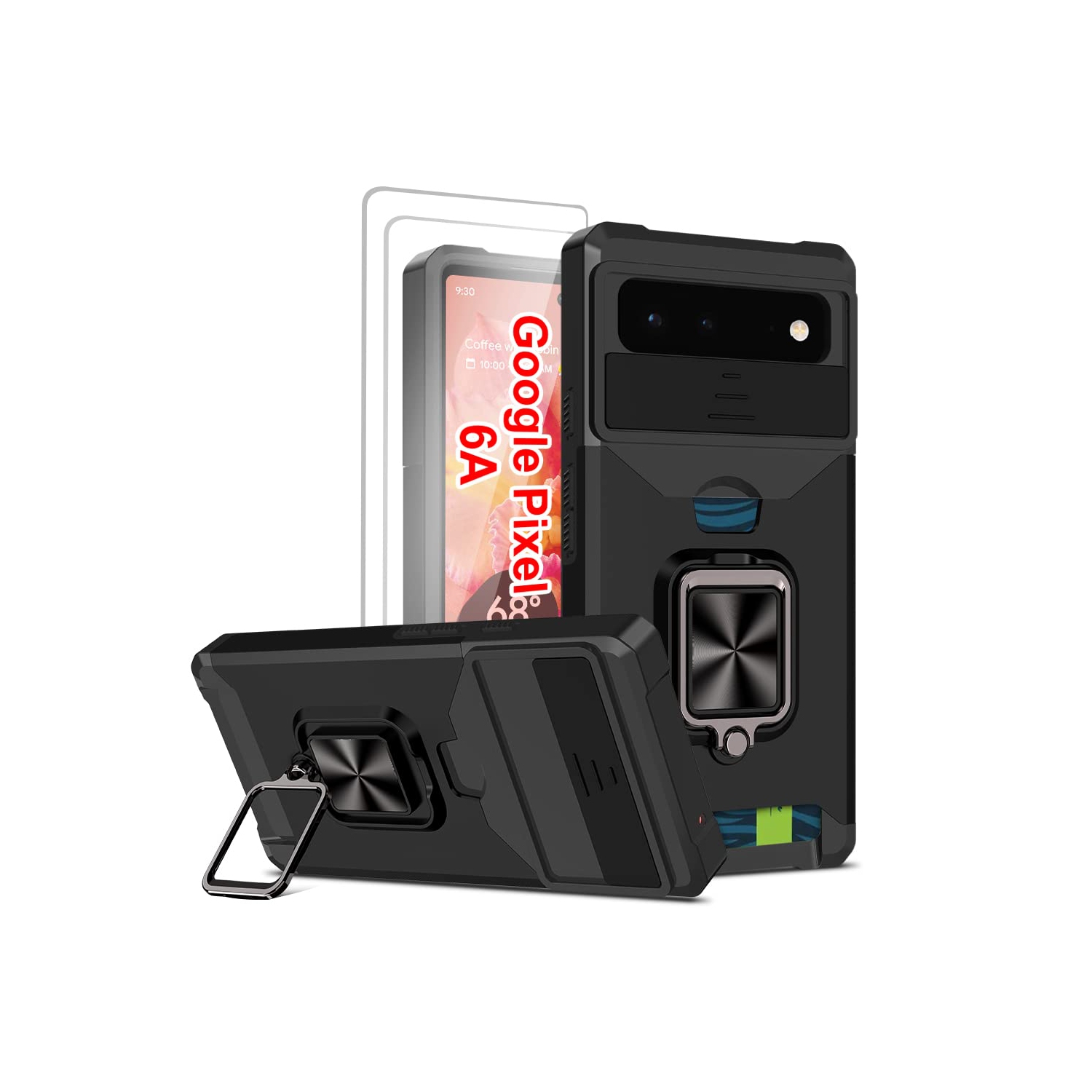 Wallet Case Compatible with Google Pixel 6A & 2 Screen Protectors, with Sliding Camera Cover, Card Holder Slot and Magnetic Kickstand Ring, Heavy