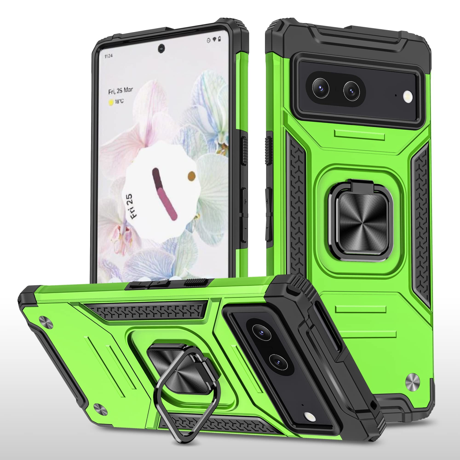 Heavy Duty Ring Kickstand Case for Google Pixel 6a, Military Grade Shockproof Protective with Rotatable Ring Phone Cover for Google Pixel 6a KM Green