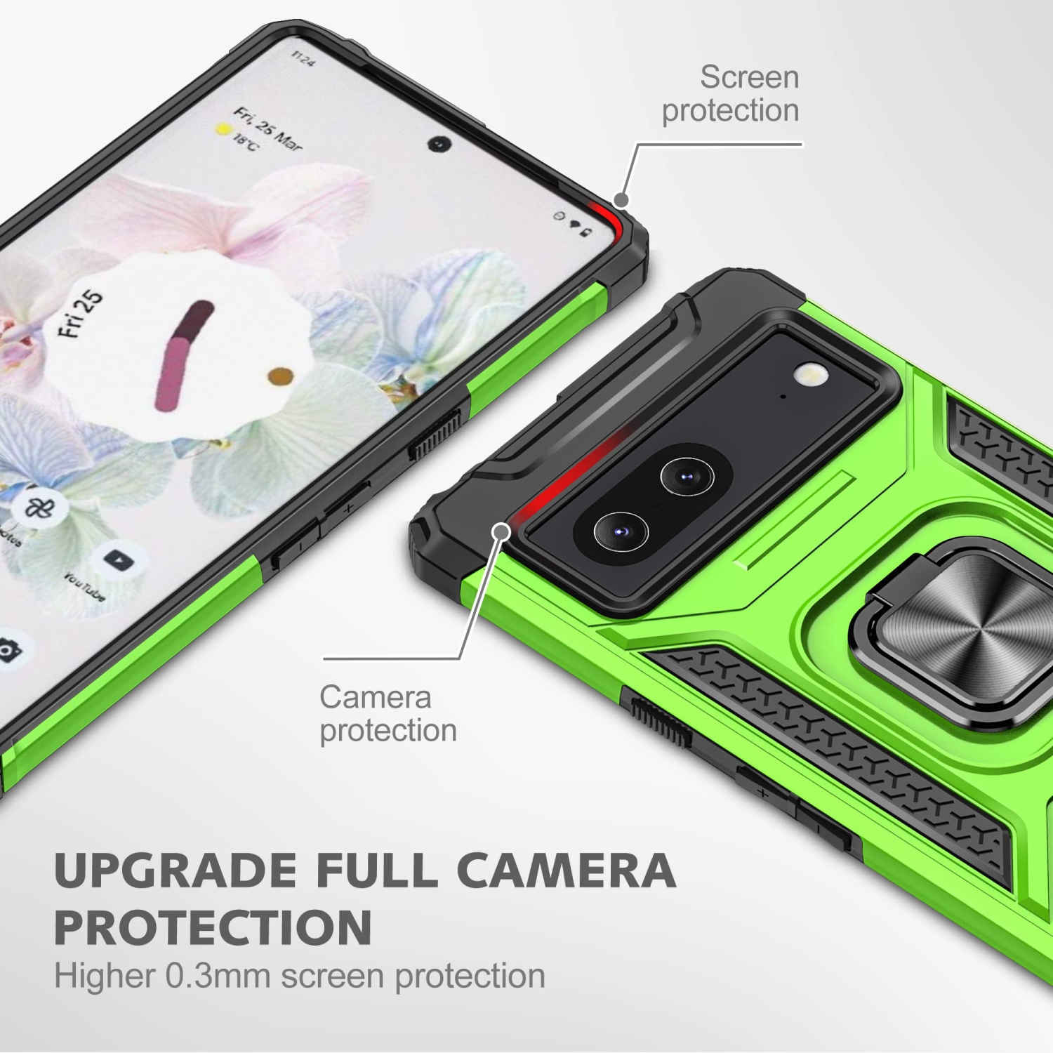 Heavy Duty Ring Kickstand Case for Google Pixel 6a, Military Grade Shockproof Protective with Rotatable Ring Phone Cover for Google Pixel 6a KM Green