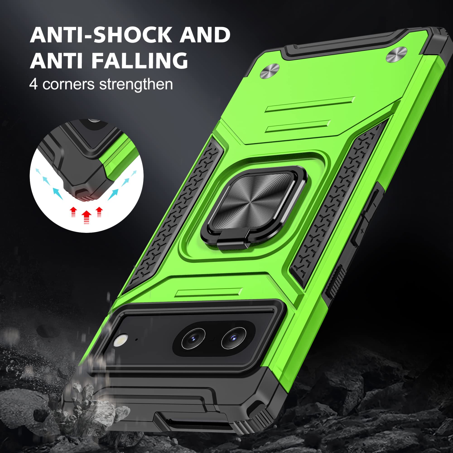 Heavy Duty Ring Kickstand Case for Google Pixel 6a, Military Grade Shockproof Protective with Rotatable Ring Phone Cover for Google Pixel 6a KM Green