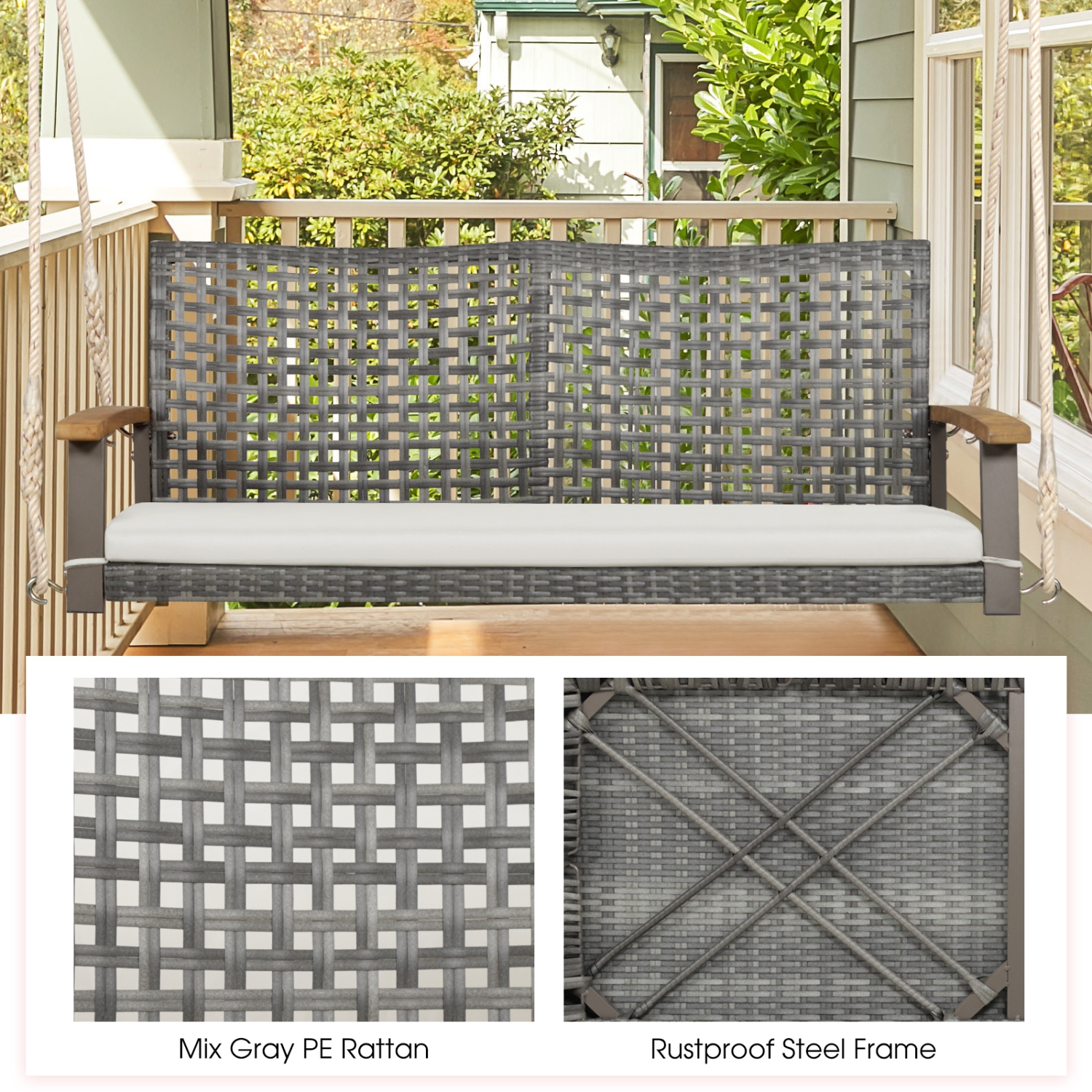 Causeuse 2 personnes en osier de rotin et balancelle de patio, coussin de siège de 118 po et accoudoirs en bois d’acacia noir/rouge/blanc cassé de