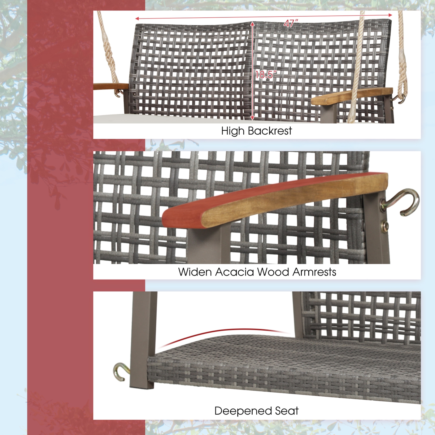 Causeuse 2 personnes en osier de rotin et balancelle de patio, coussin de siège de 118 po et accoudoirs en bois d’acacia noir/rouge/blanc cassé de