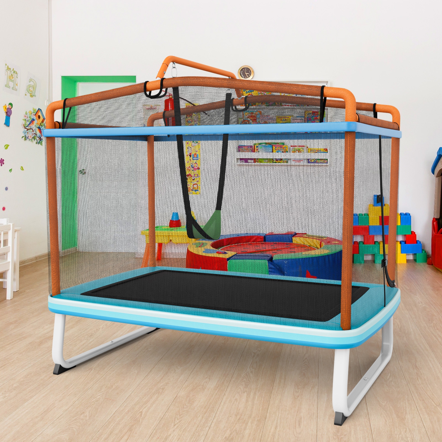 Trampoline 3-en-1 pour enfants avec balançoire et barre horizontale/trampoline ext. 6 pi avec filet de sécurité orange/jaune de TopBuy
