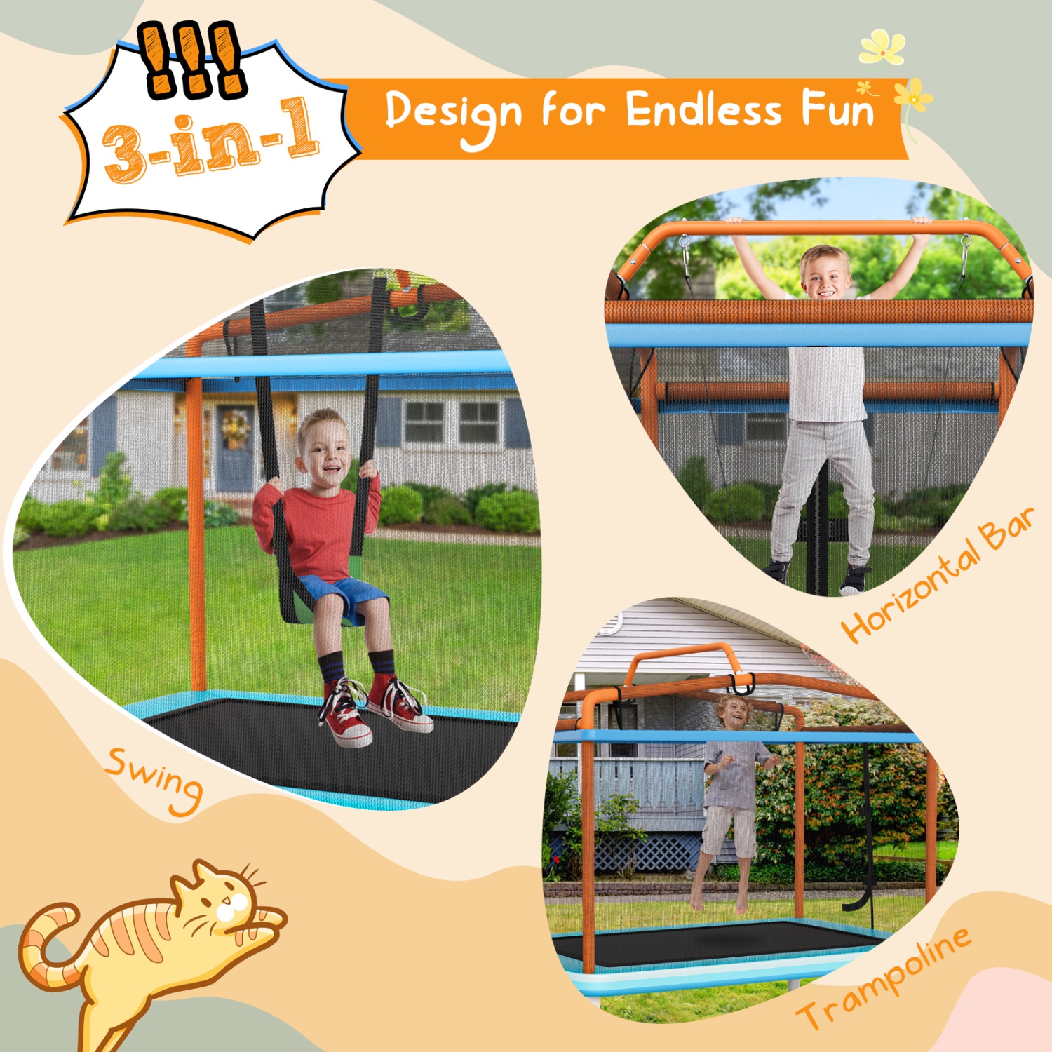 Trampoline 3-en-1 pour enfants avec balançoire et barre horizontale/trampoline ext. 6 pi avec filet de sécurité orange/jaune de TopBuy