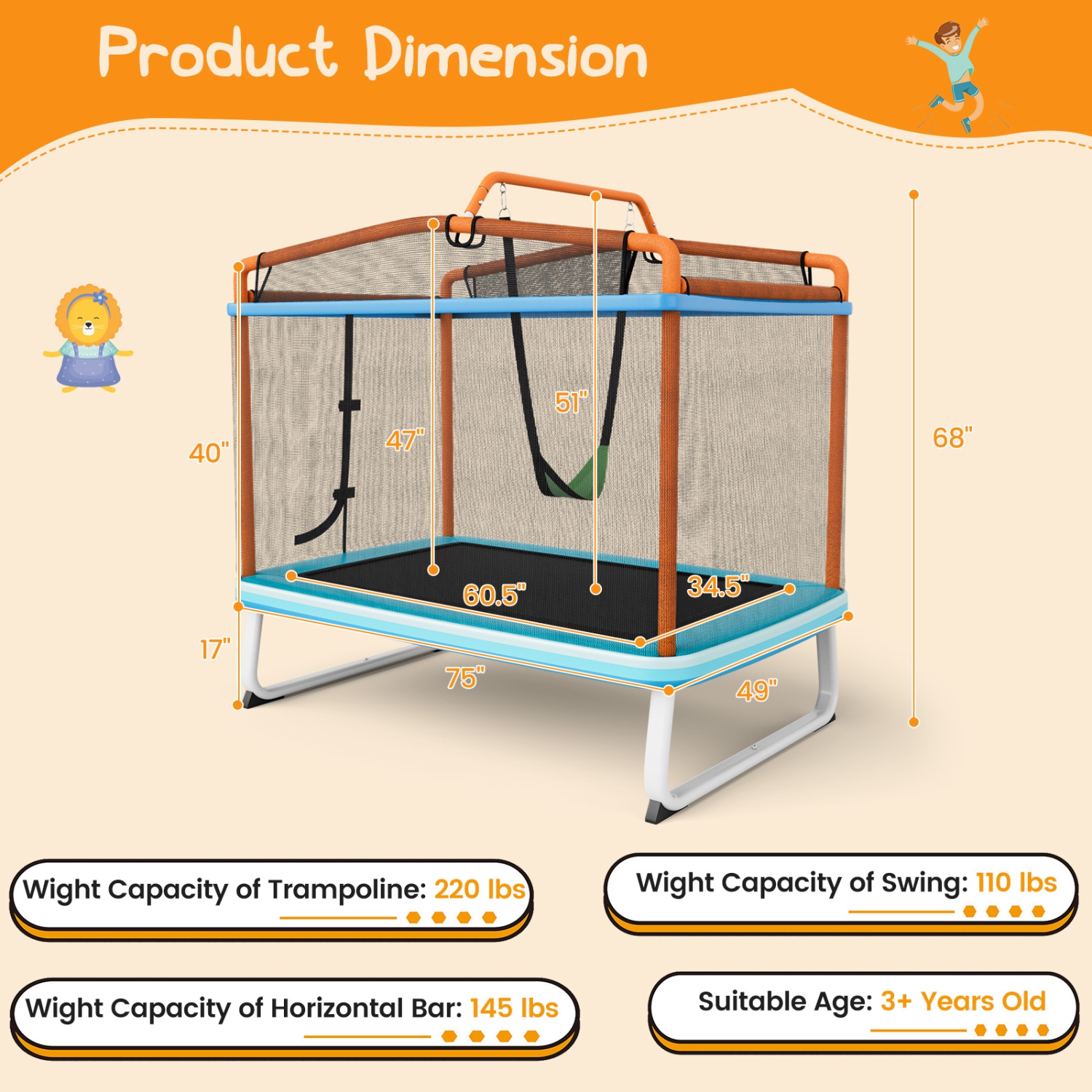 Trampoline 3-en-1 pour enfants avec balançoire et barre horizontale/trampoline ext. 6 pi avec filet de sécurité orange/jaune de TopBuy