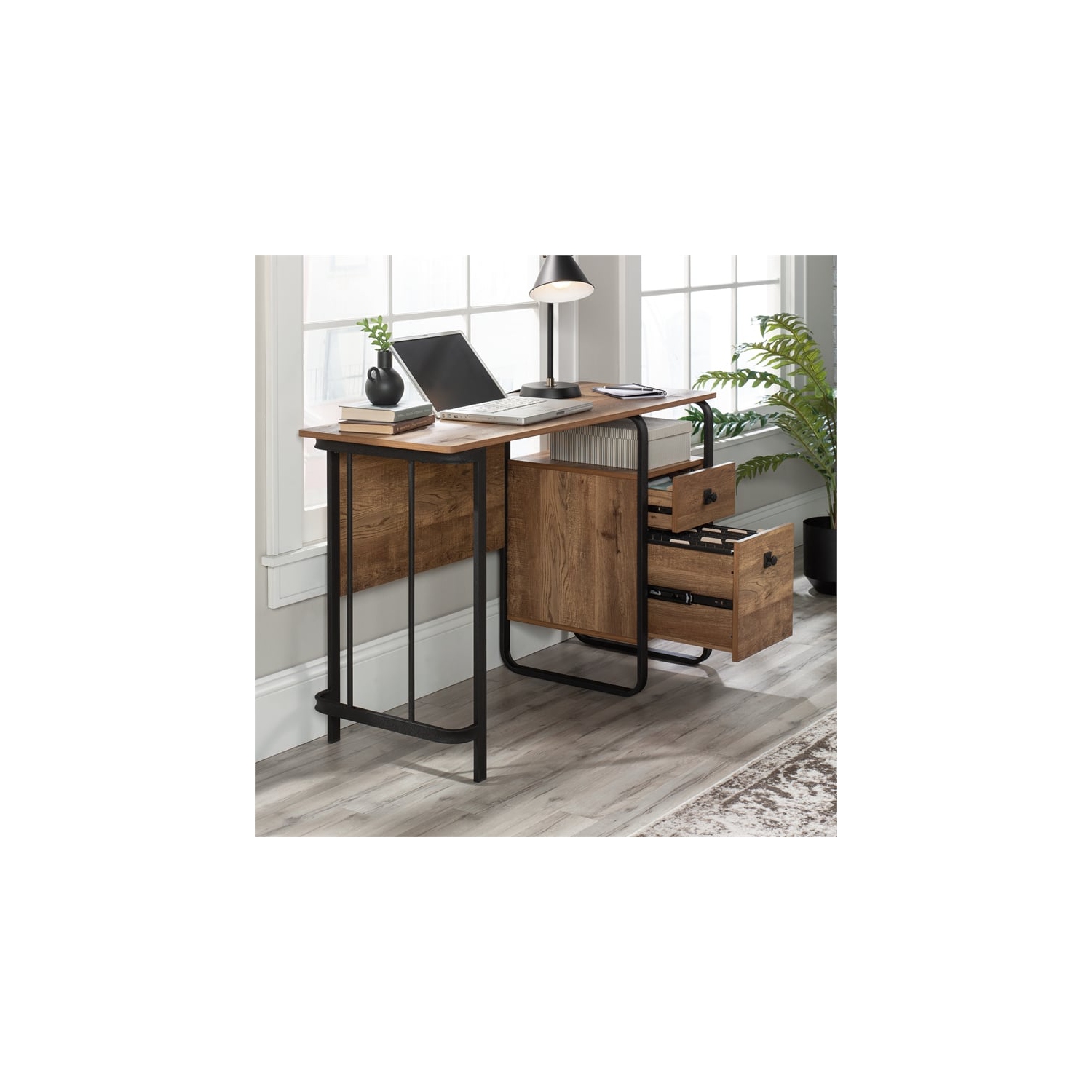 Sauder Station House Engineered Wood and Metal Desk in Etched Oak