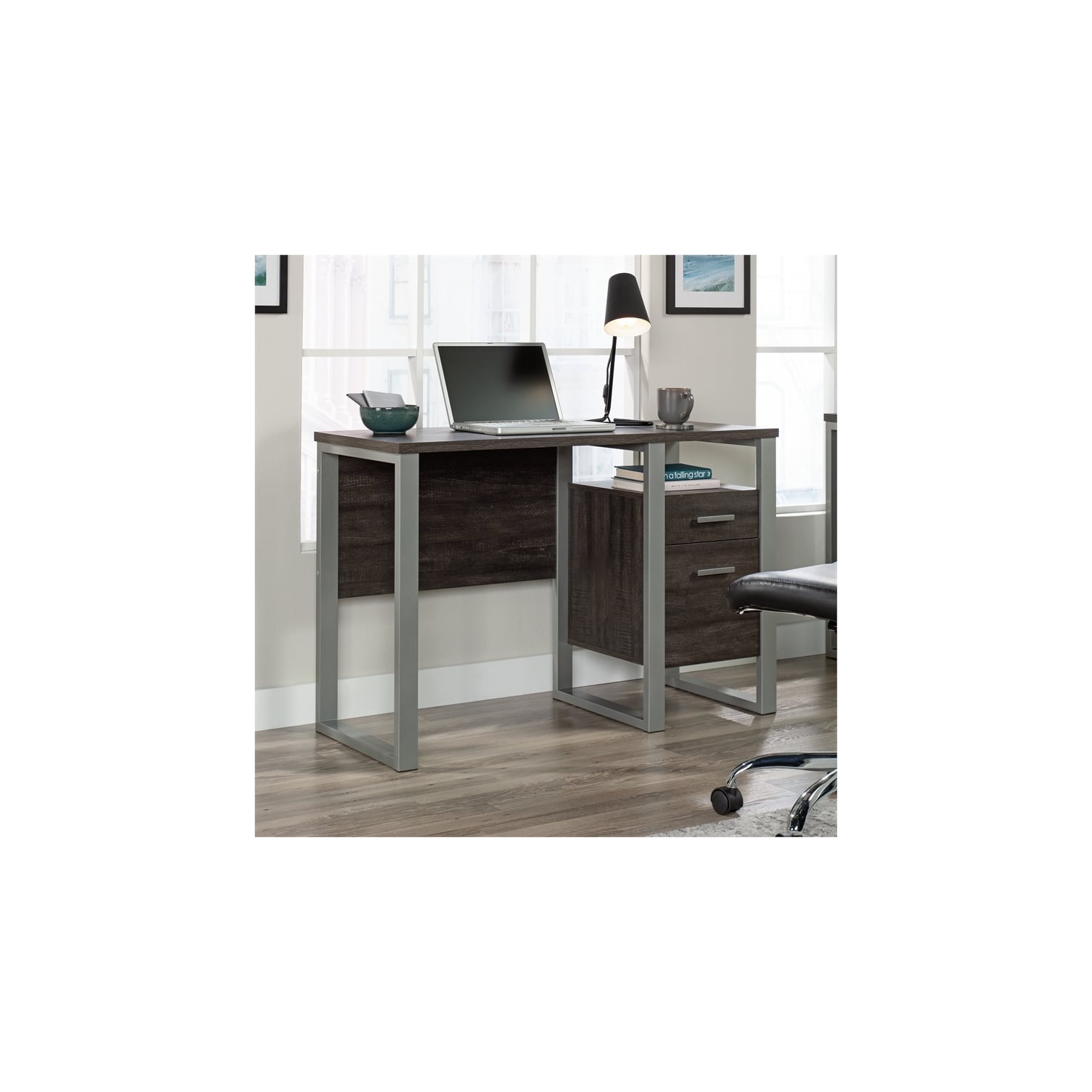 Sauder Rock Glen Engineered Wood and Metal Desk in Blade Walnut