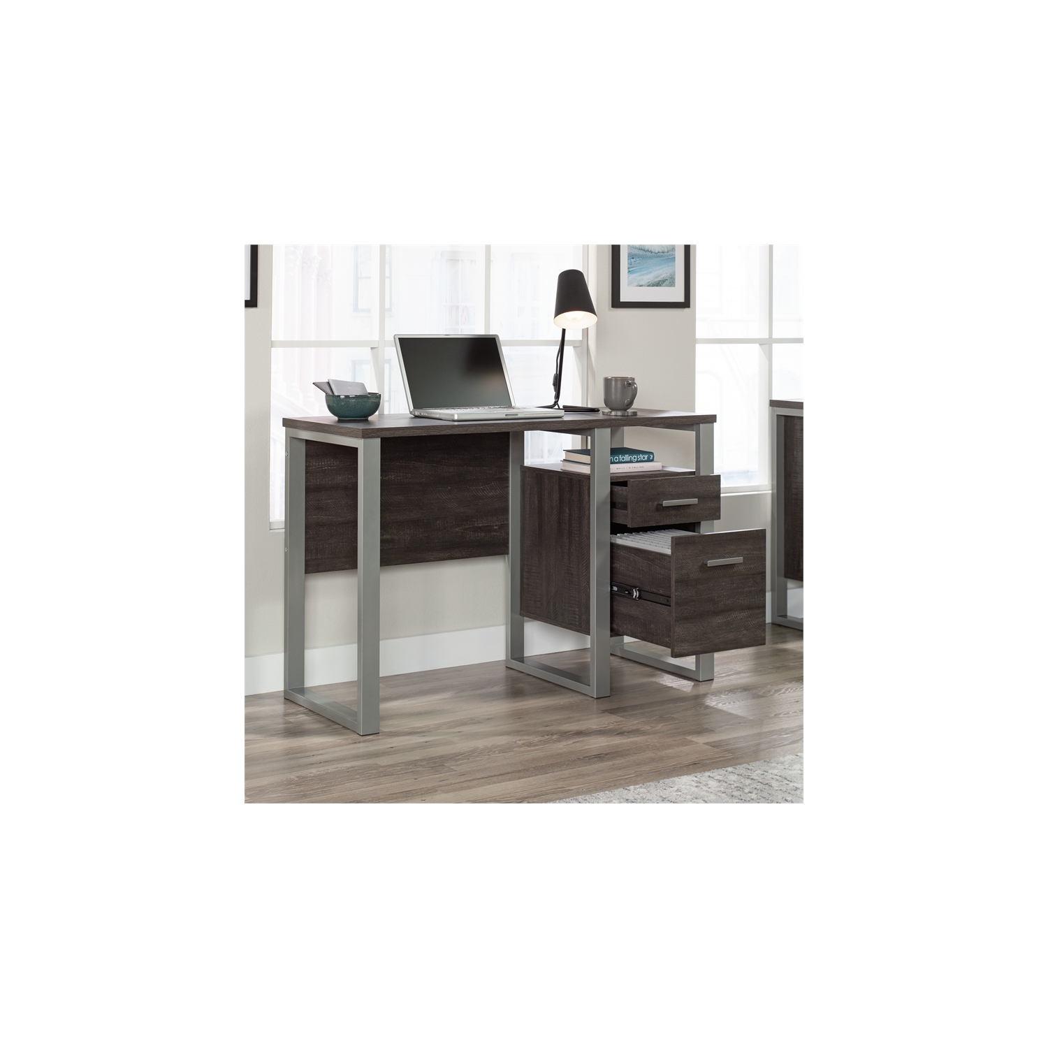Sauder Rock Glen Engineered Wood and Metal Desk in Blade Walnut