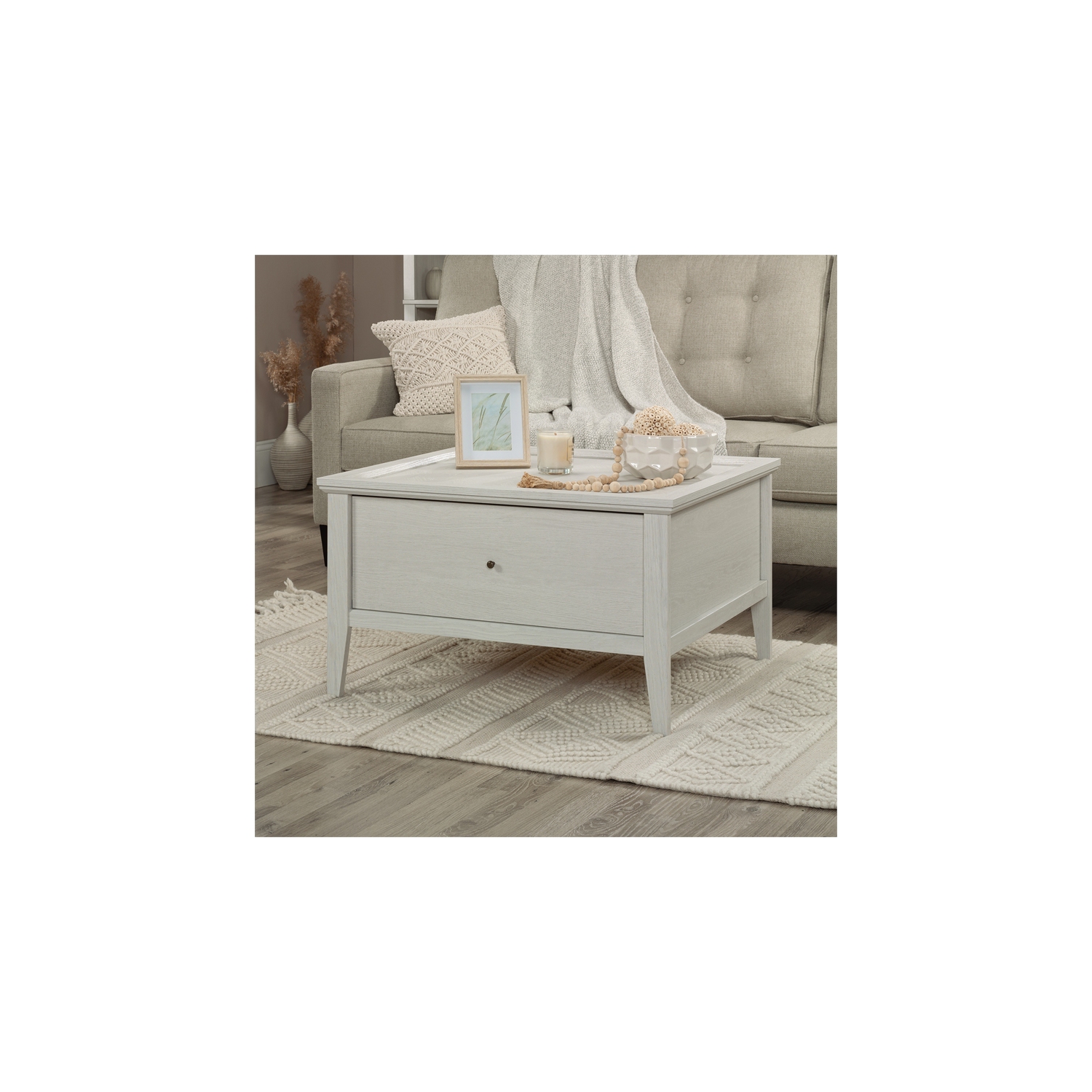 Sauder Larkin Ledge Engineered Wood and Metal Coffee Table in Glacier Oak