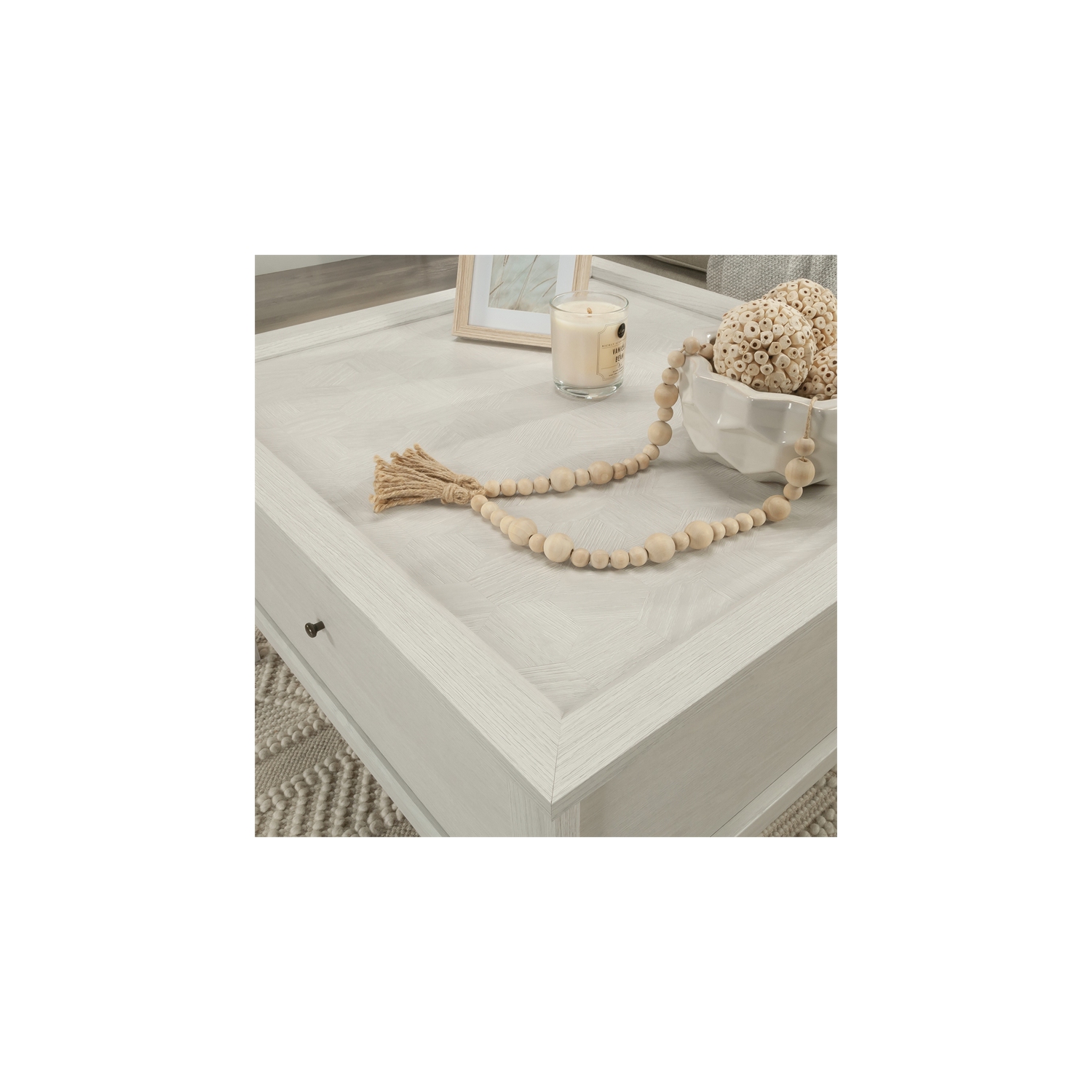 Sauder Larkin Ledge Engineered Wood and Metal Coffee Table in Glacier Oak