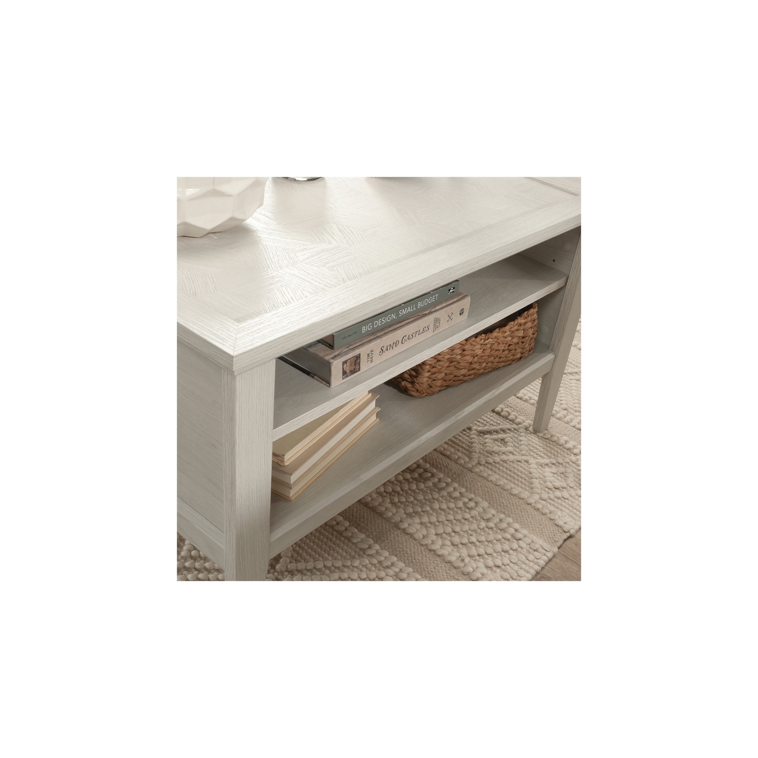 Sauder Larkin Ledge Engineered Wood and Metal Coffee Table in Glacier Oak