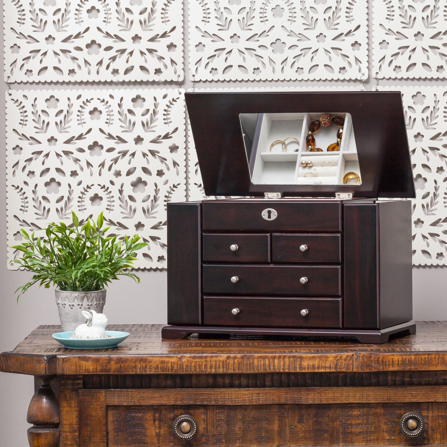 Mele and Co Ellington Wooden Jewelry Box in Mahogany Finish