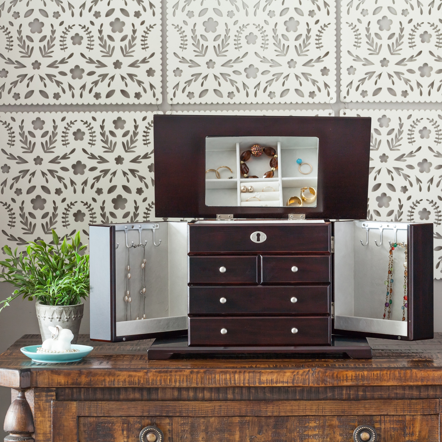 Mele and Co Ellington Wooden Jewelry Box in Mahogany Finish