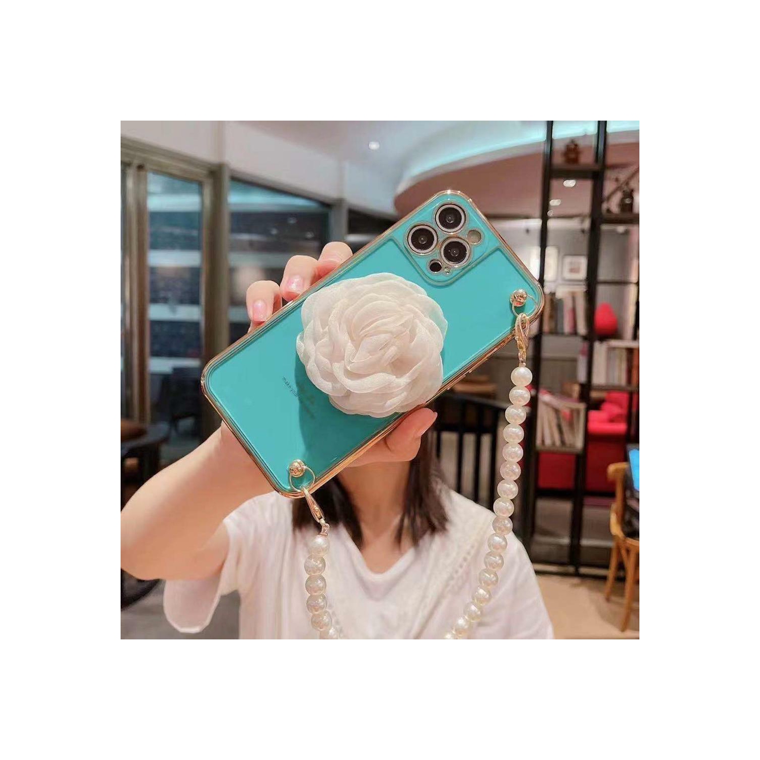 Apple iPhone 12 Pro Max Women Wrist Chain Bracelet Heavy Duty Case Luxury Silicone Flower Cover