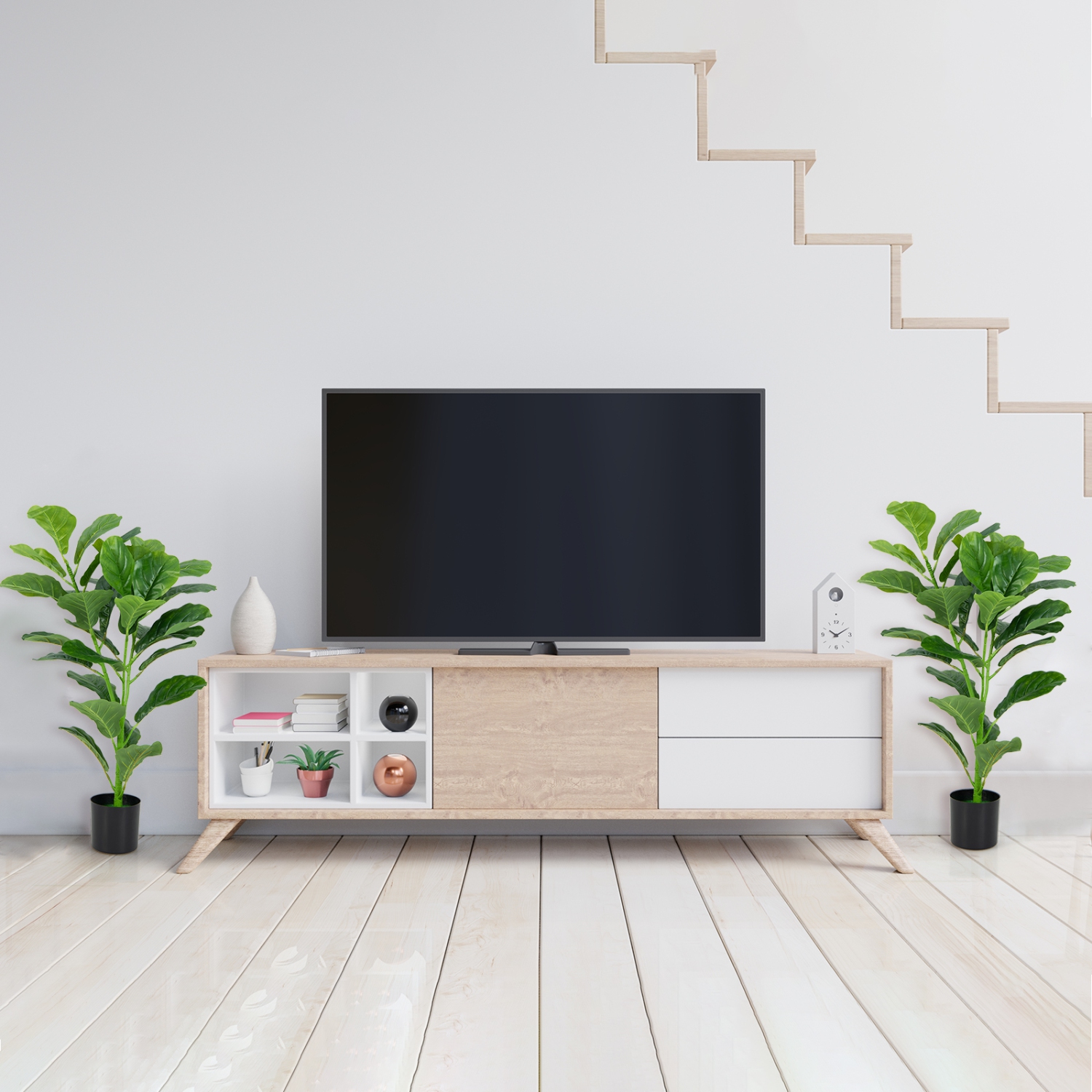 Topbuy 3 FT Artificial Tree Fake Fiddle Leaf Fig Plant in Pot with 32 Leaves Maintenance Free Faux Tree