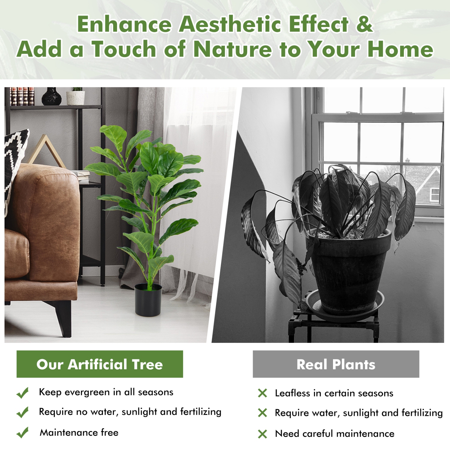 Topbuy 3 FT Artificial Tree Fake Fiddle Leaf Fig Plant in Pot with 32 Leaves Maintenance Free Faux Tree