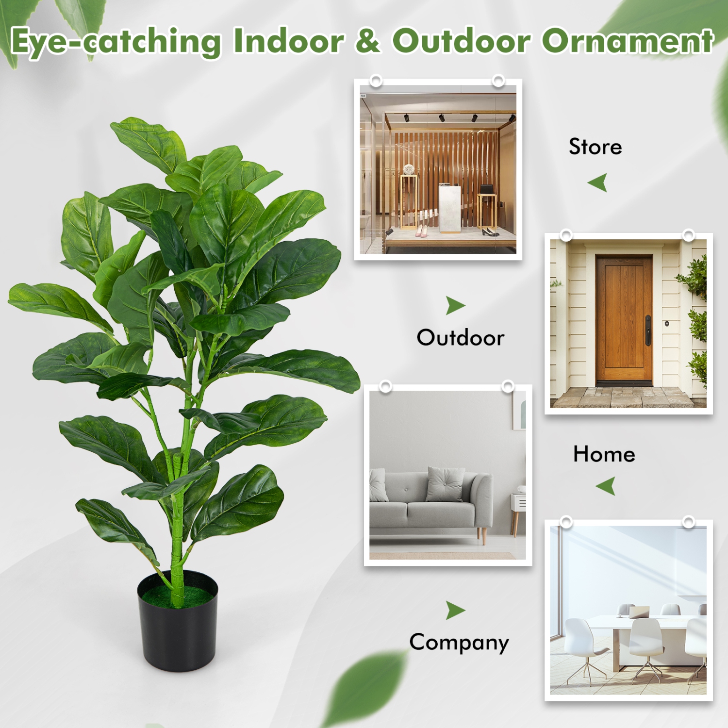 Topbuy 3 FT Artificial Tree Fake Fiddle Leaf Fig Plant in Pot with 32 Leaves Maintenance Free Faux Tree