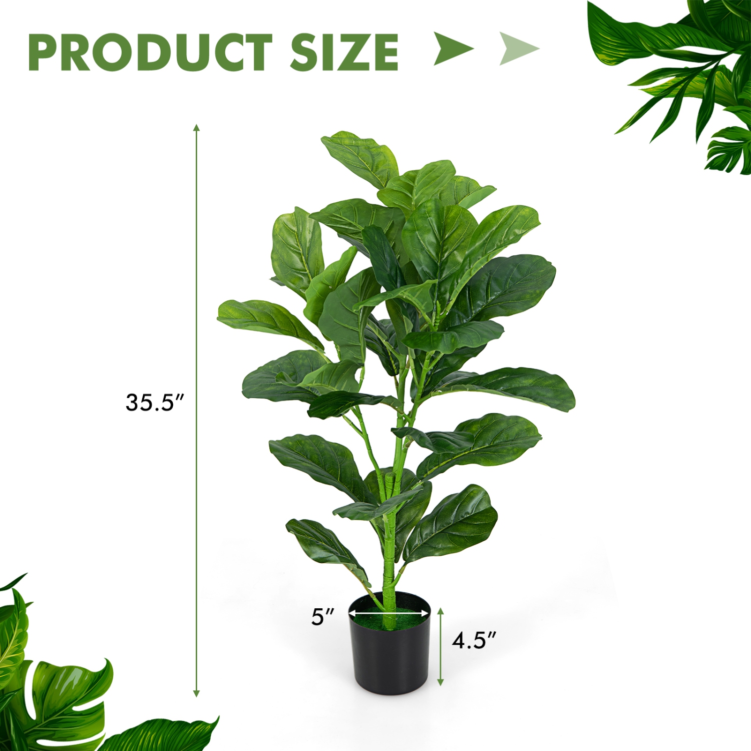 Topbuy 3 FT Artificial Tree Fake Fiddle Leaf Fig Plant in Pot with 32 Leaves Maintenance Free Faux Tree