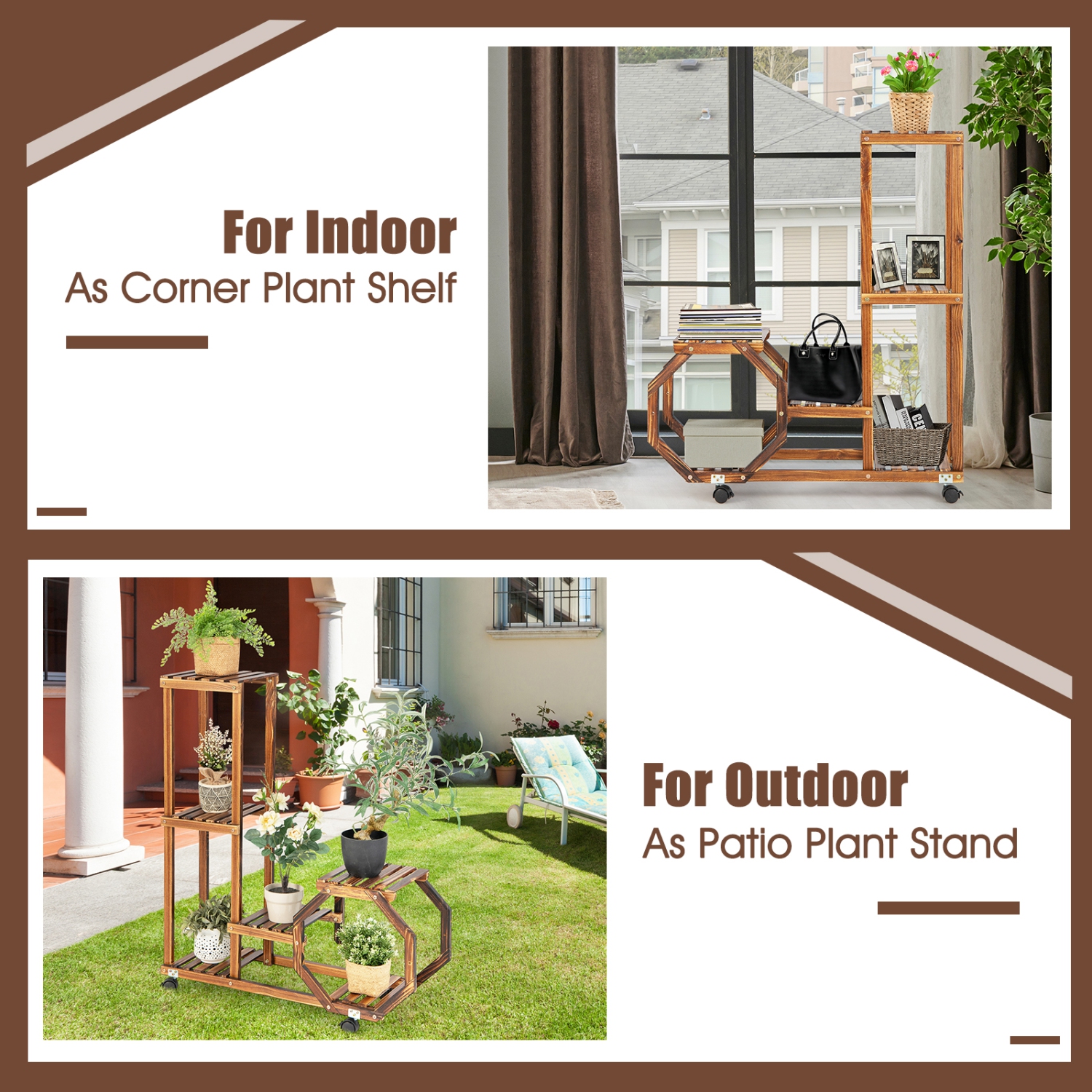 Topbuy 6 Tier 6 Potted Plant Stand Rack 100% Pine Wood Flower Pot Holder Shelf Multi-Layer Flower Stand with Wheels