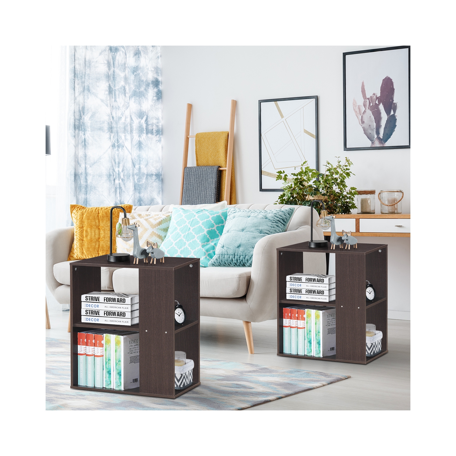 Topbuy 2-Piece 2-Tier Sofa Side End Table Modern Nightstand with Open Storage Shelves