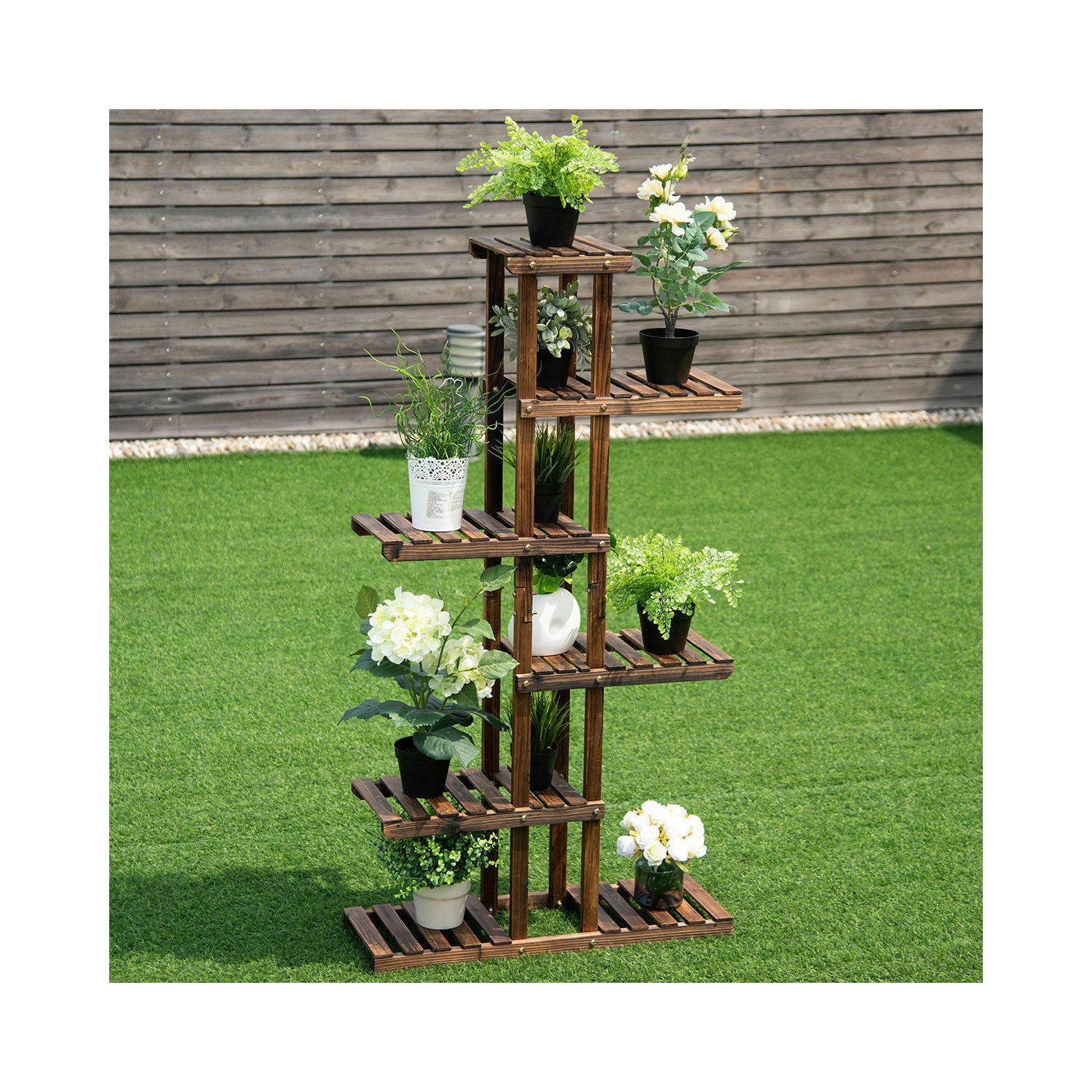 Topbuy 6 Tier Wooden Plant Flower Display Shelf Flower Pot Rack